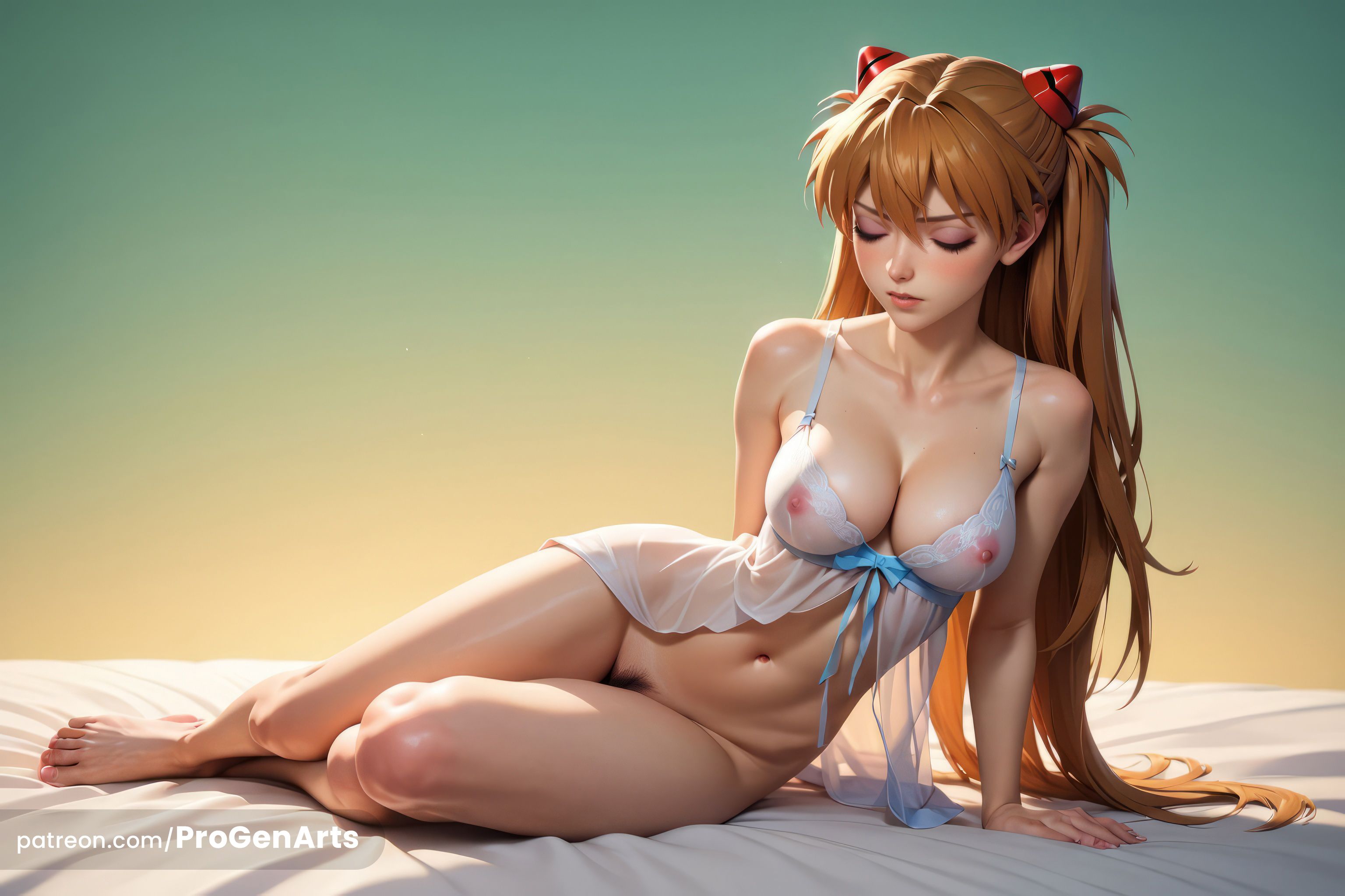 1girls, ai generated, arm support, artist name, asuka langley sohryu, babydoll, bare legs, bare shoulders, barefoot, blush, bottomless, breasts, cleavage, closed eyes, closed mouth, collarbone, covered nipples, feet, female, female pubic hair, full body, gradient background, hair between eyes, hair ornament, headgear, hi res, interface headset, legs, lingerie, lips, long hair, medium breasts, navel, neon genesis evangelion, nipples, no panties, nose, on side, orange hair, patreon username, progenarts, pubic hair, pussy, see-through, solo, souryuu asuka langley, toenails, toes, underwear, very long hair