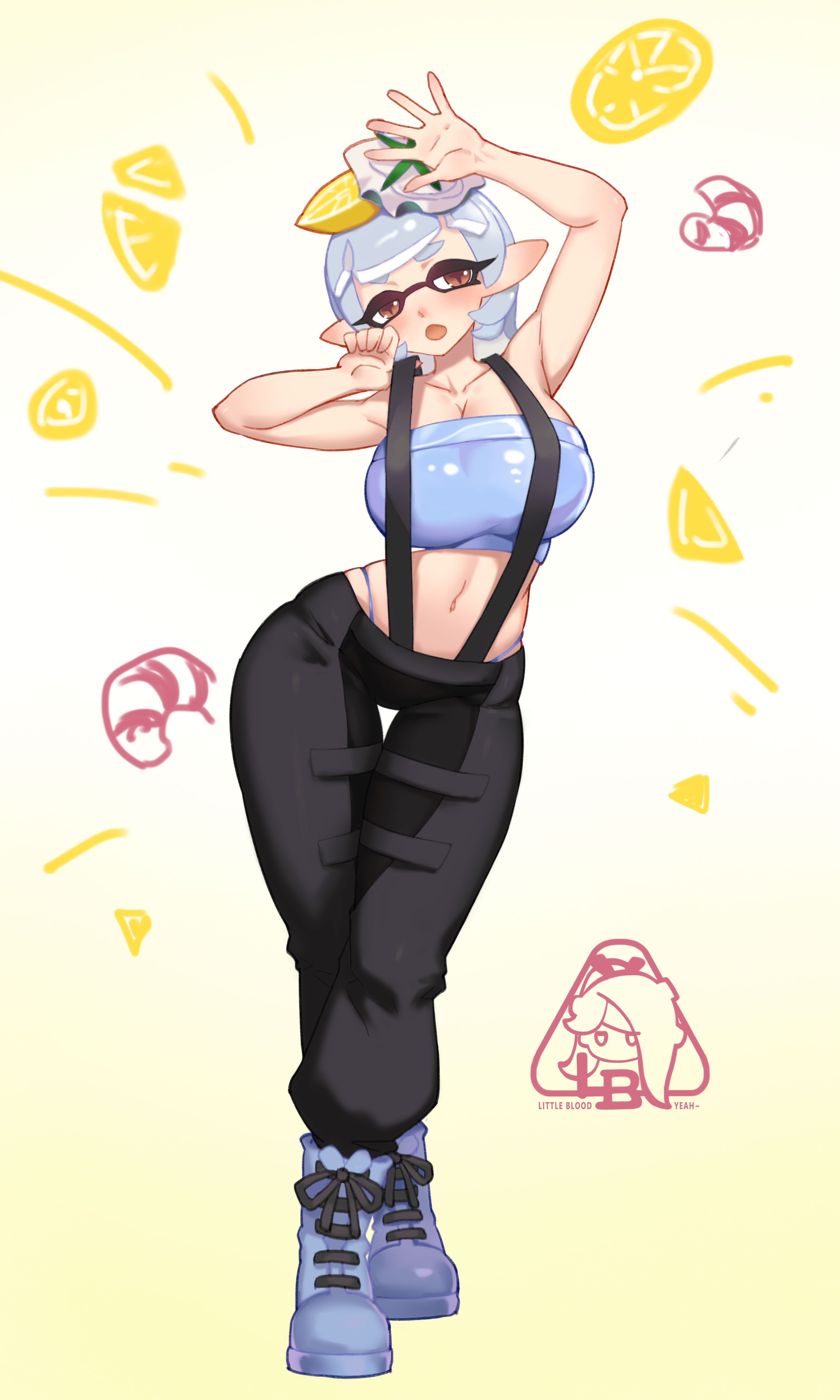 1girls, black pants, boots, breasts, brown eyes, cleavage, female, highleg panties, large breasts, little blood, marie (splatoon), marie (summer nights), navel, nintendo, open mouth, panties, pants, short hair, splatoon, splatoon (series), splatoon 3, summer nights splatfest, suspenders, tentacle hair