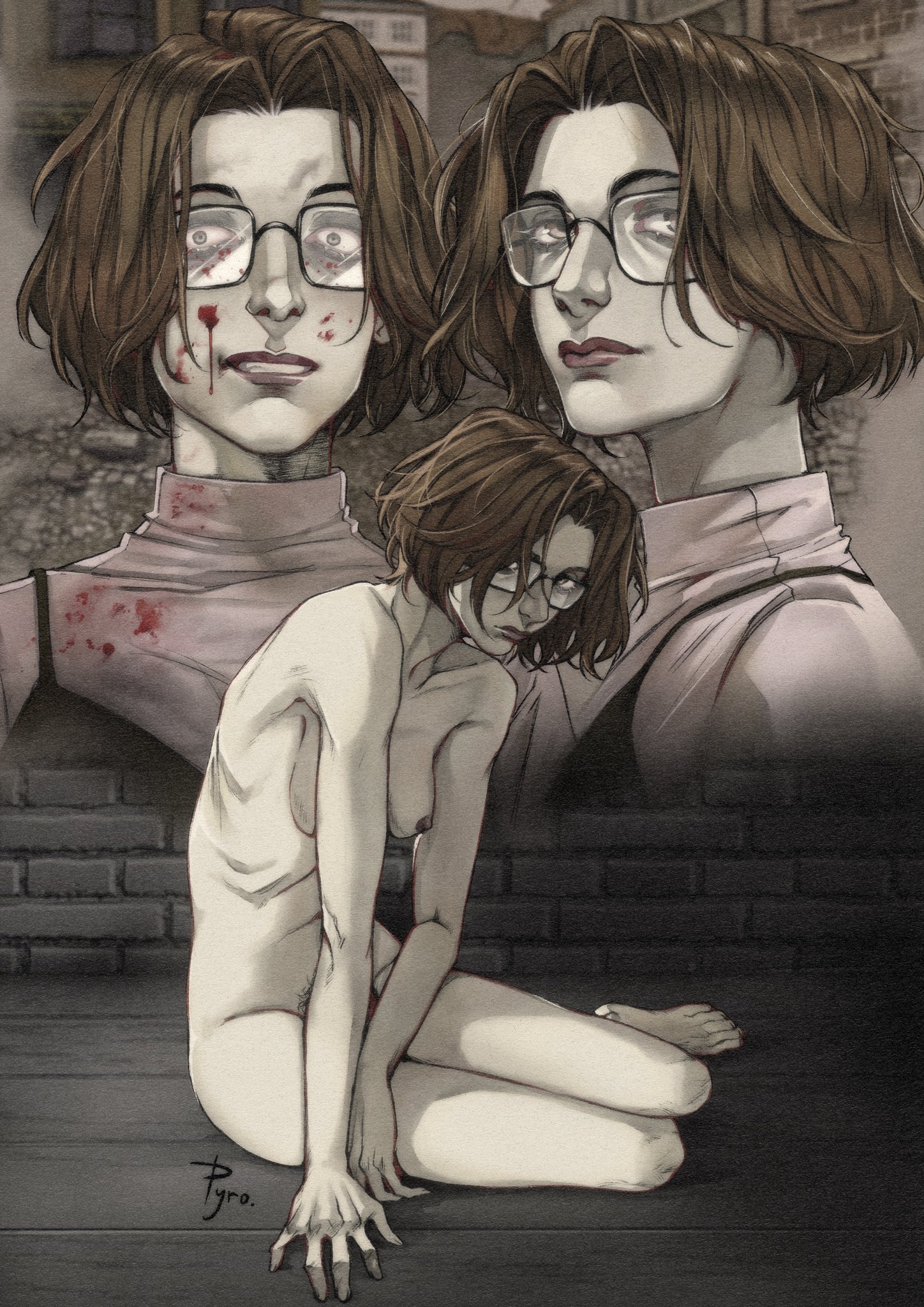 artistic, artistic nude, blood stain, breasts, brown nipples, covered pussy, fear and hunger, fear and hunger: termina, female, female focus, female only, no visible genitalia, nonsexual, nonsexual nudity, olivia (fear and hunger), perky breasts, perky nipples, pubes, pubes exposed, pubic hair, pubic tuft, pussy, pyro cri, realistic anatomy, realistic breast size, realistic proportions, sketch page, skinny female, small breasts, solo, solo female, solo focus, tasteful, tasteful nudity