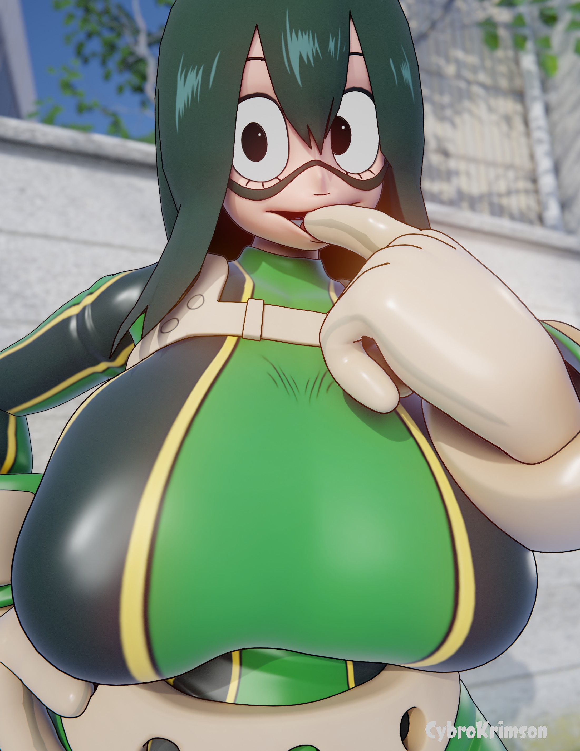 1girls, 2025, 3d, asui tsuyu, big breasts, black eyes, blender, boku no hero academia, breasts, clothing, cybrokrimson, female, finger in mouth, front view, froppy, fully clothed, gloves, green hair, hair between eyes, handwear, hero outfit (mha), hi res, human, light skin, light-skinned female, my hero academia, open mouth, skin tight, solo, taut clothes, tsuyu asui