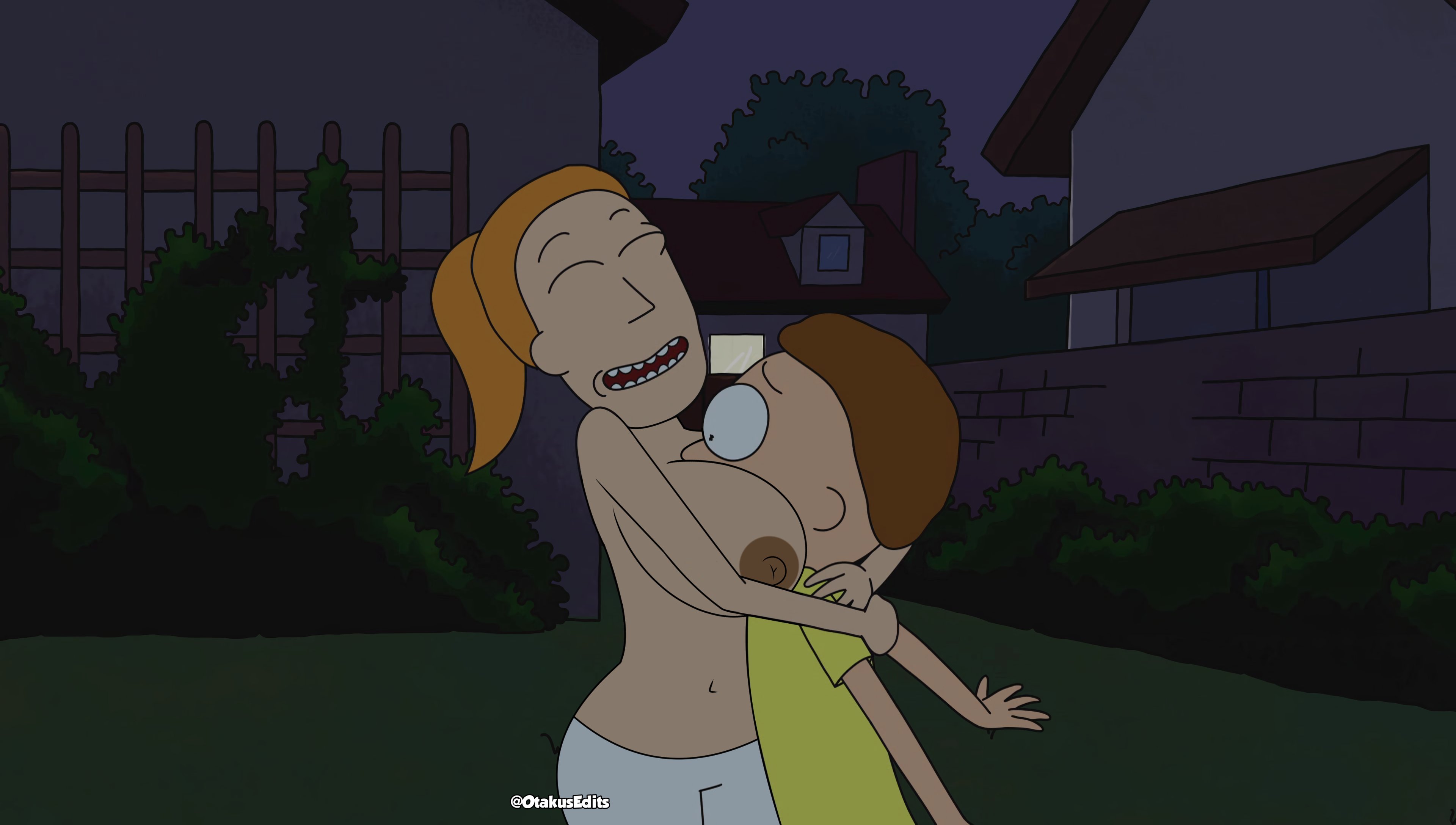 accurate art style, adult swim, breasts, brother and sister, brown hair, face between breasts, female, hugging, morty smith, orange hair, otakusedits, rick and morty, summer smith