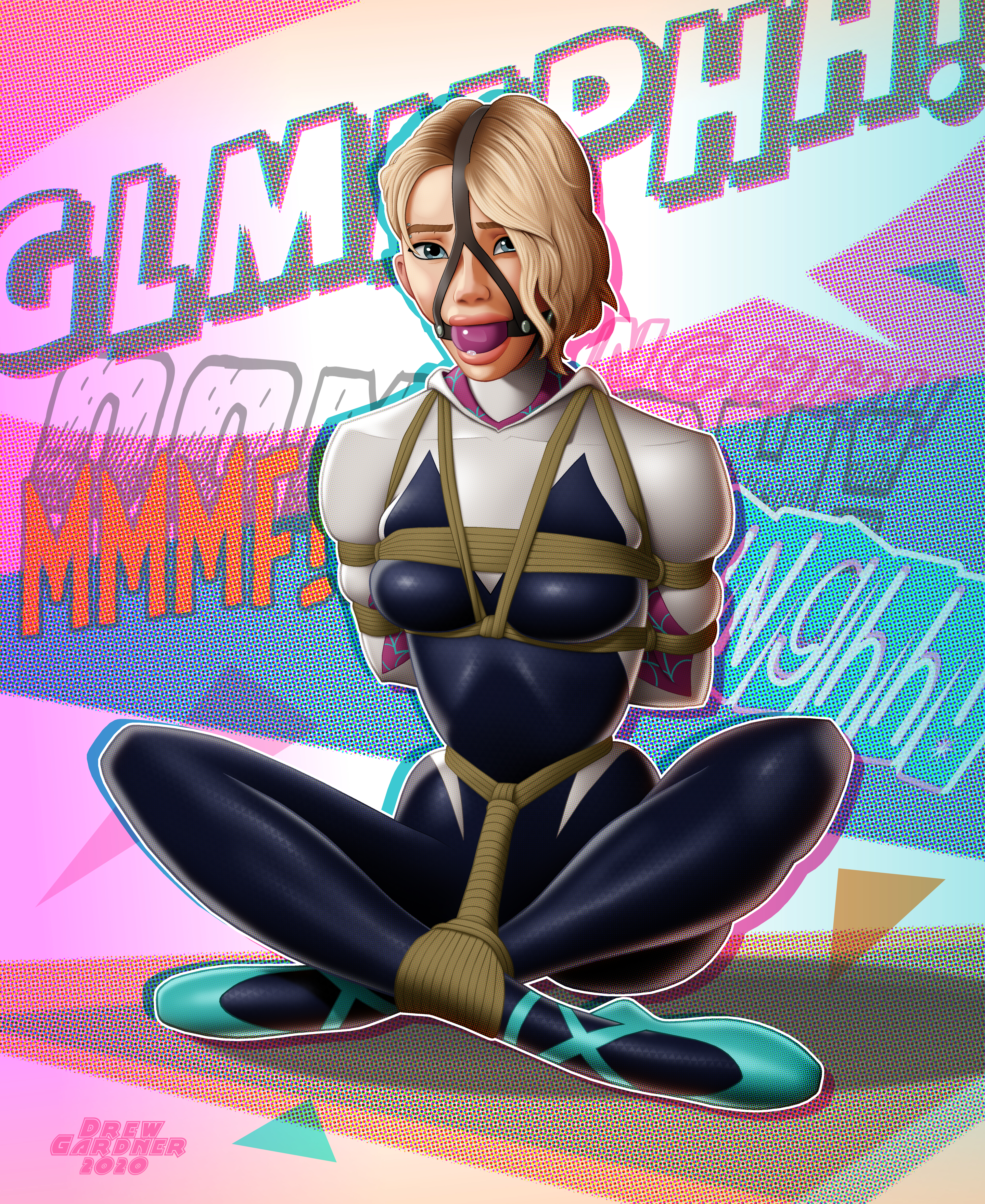 1girls, 2020, arms tied behind back, artist name, ball gag, ballet slippers, ben-day dots, blonde hair, blue eyes, bondage, bound, drew gardner, eyebrow piercing, female, female only, femsub, fully clothed, gag, gagged, gagging noise, gwen stacy, harness gag, marvel, marvel comics, rope, shiny clothes, short hair, solo, spider-gwen, spider-man (series), spider-man: into the spider-verse, superhero costume, tight clothing