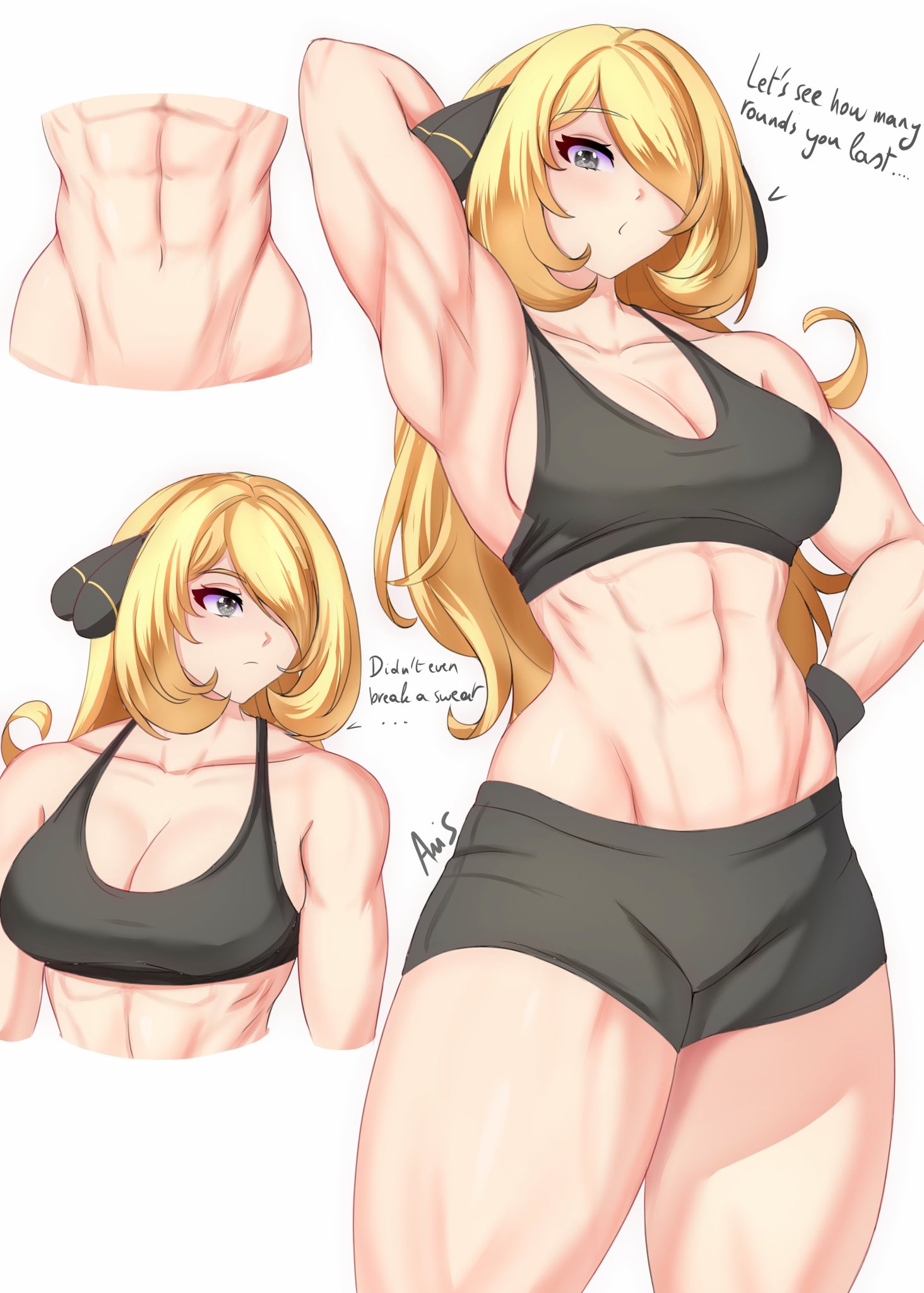 1girls, abs, anisdrawn, arm behind head, artist name, blonde hair, bracelet, breasts, cleavage, cynthia (pokemon), dialogue, female, female only, grey eyes, hair ornament, hair over one eye, hi res, highres, large breasts, light skin, light-skinned female, long hair, multiple views, muscular, muscular female, ninja, pokemon, pokemon dppt, solo, sports bra, sportswear, text, watermark