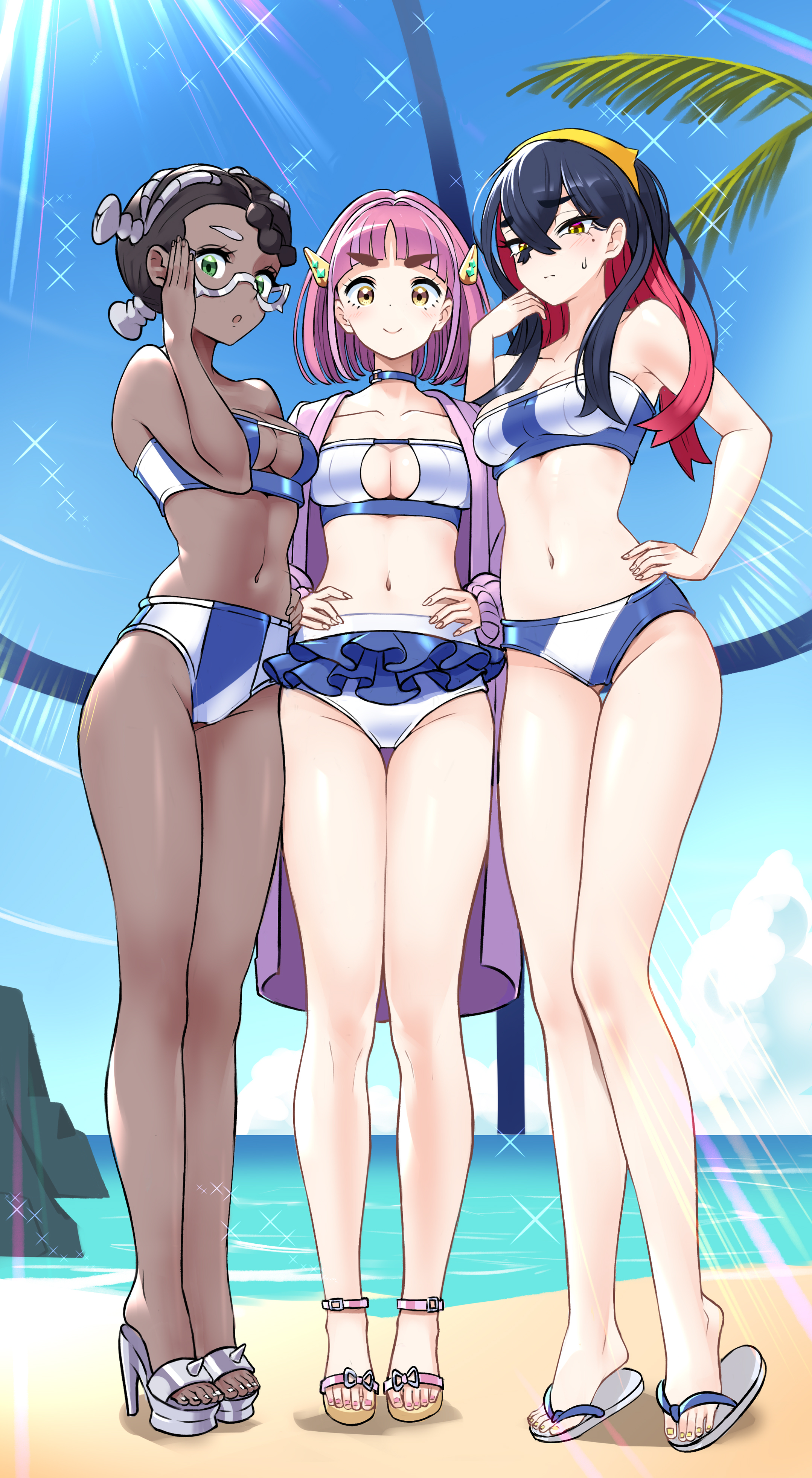 3girls, absurdres, adjusting eyewear, amarys (pokemon), beach, bikini, black hair, blue bikini, blue sky, blush, braid, breasts, carmine (pokemon), cleavage, closed mouth, cloud, colored inner hair, crossed bangs, dark skin, dark-skinned female, day, eyelashes, feet, female, flip-flops, frilled bikini, frills, full body, glasses, green eyes, hair between eyes, hair ornament, hairband, hairclip, highres, lacey (pokemon), large breasts, legs, long hair, looking at viewer, medium breasts, mole, mole under eye, multicolored hair, multiple females, multiple girls, navel, nintendo, ocean, open mouth, outdoors, pink hair, pokemon, pokemon sv, red hair, sand, sandals, semi-rimless eyewear, short hair, single braid, sky, smile, standing, stomach, sunlight, swimsuit, tm (hanamakisan), toenails, toes, two-tone hair, white bikini, yellow eyes, yellow hairband