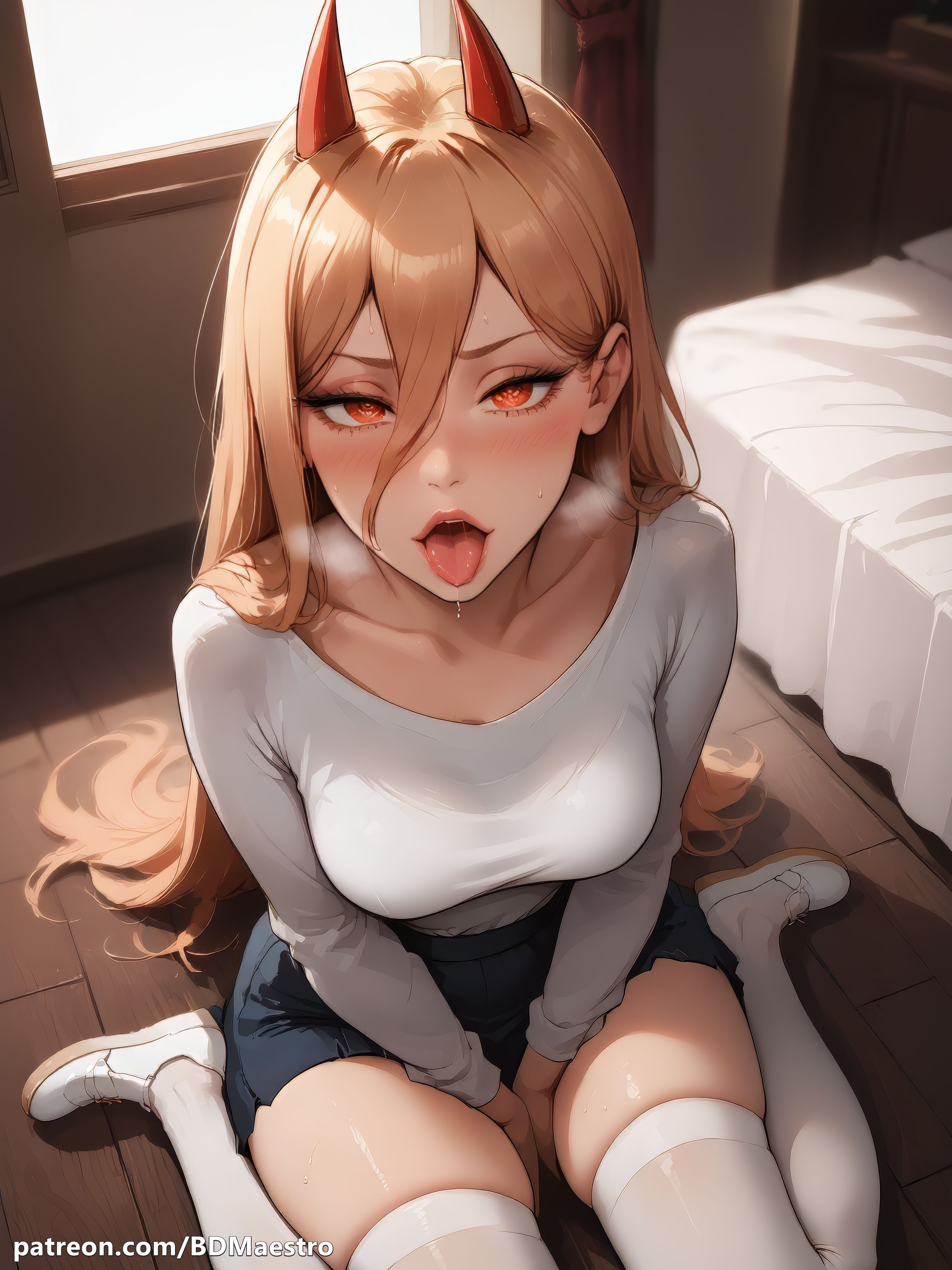ai generated, bdmaestro, blush, chainsaw man, female, from above, kneeling, looking at viewer, open mouth, power (chainsaw man), saliva, sitting, skirt, solo, thighhighs, tongue, tongue out