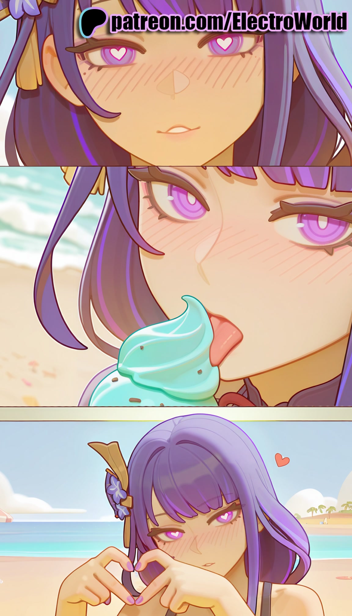 1girls, 2025, 2girls, ai generated, artist name, beach, blush, day, electroworld, female, food, genshin impact, heart, heart-shaped pupils, hi res, high quality, high resolution, highres, horizon, hoyoverse, multiple females, multiple girls, ocean, patreon, patreon username, purple eyes, purple hair, raiden shogun, sexually suggestive, stable diffusion, symbol-shaped pupils, tongue, tongue out, watermark, yuri