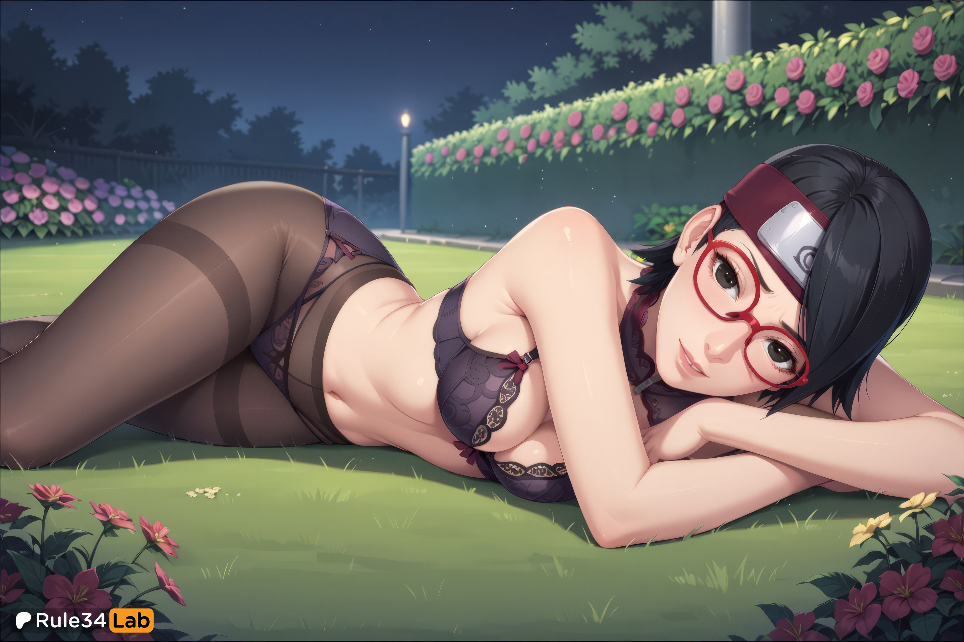 1girls, ai generated, artist name, bare arms, bare shoulders, black bra, black eyes, black hair, black panties, black pantyhose, boruto: naruto next generations, bra, breasts, bush, cleavage, clothed, crotch seam, female, female only, flower, forehead protector, glasses, grass, hi res, high-waist pantyhose, konohagakure symbol, lace, lace trim, lace-trimmed bra, lace-trimmed panties, lamppost, lips, looking at viewer, lying, medium breasts, naruto, naruto (series), navel, night, night sky, on side, outdoors, panties, panties under pantyhose, pantyhose, parted lips, patreon username, pink flower, purple bra, red-framed eyewear, rule34lab, sarada uchiha, short hair, sky, smile, solo, star (sky ), starry sky, stomach, thighband pantyhose, tree, underwear, underwear only