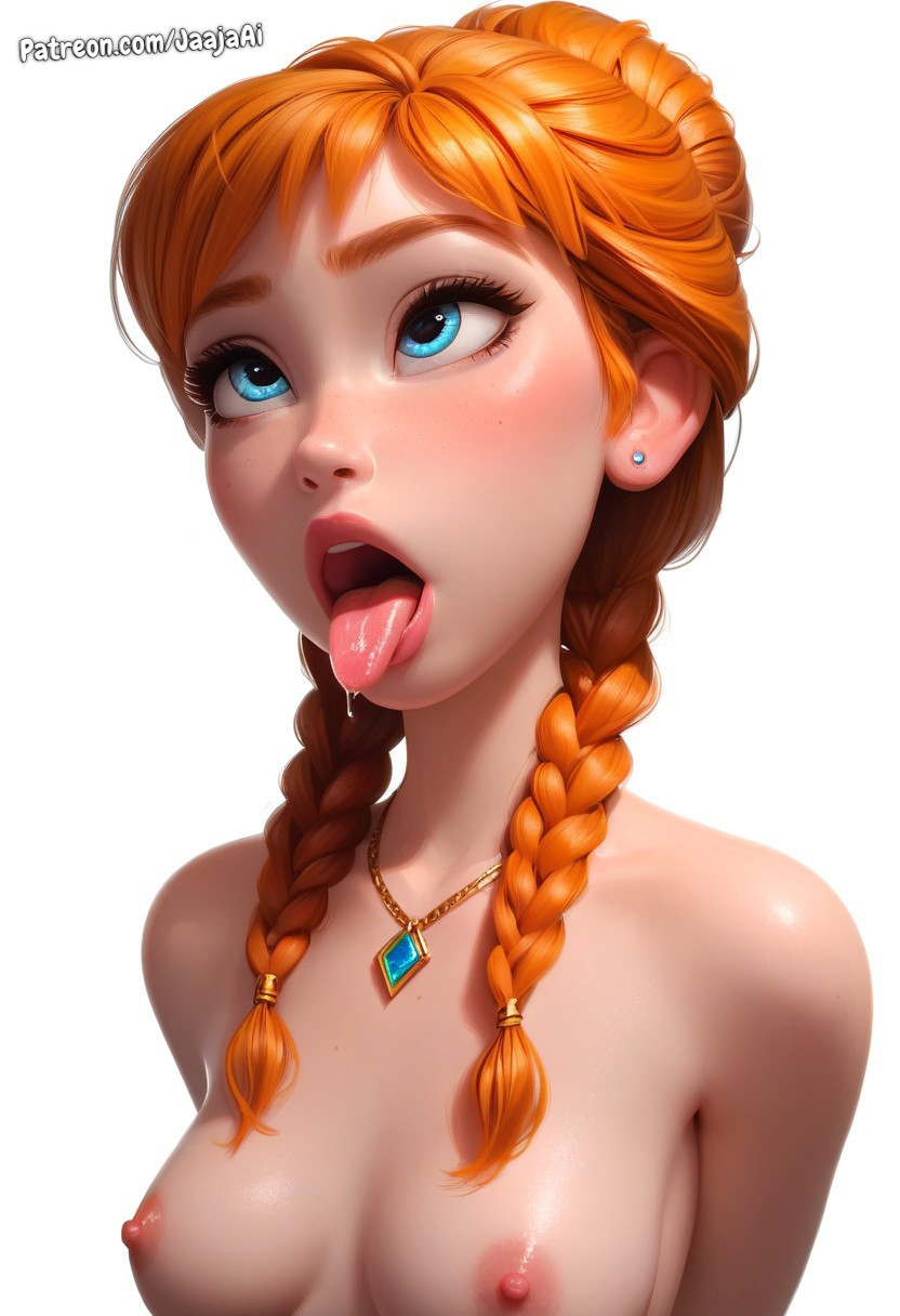 ahe gao, ahegao face, ai generated, anna (frozen), blue eyes, blush, braid, braided hair, braids, breasts, cute, cute face, disney, disney princess, dripping, dripping saliva, drooling, drooling tongue, dynamic pose, female, freckles, frozen (film), frozen 2, ginger, ginger hair, hair bun, hands behind back, high quality, highres, horny, horny female, jaajaai, medium breasts, mouth drool, necklace, nipples, nude, open mouth, perky breasts, plain background, portrait, seductive, shiny skin, simple background, small breasts, smooth skin, submissive, submissive female, submissive pose, tagme, tongue, tongue out, upper body, white background