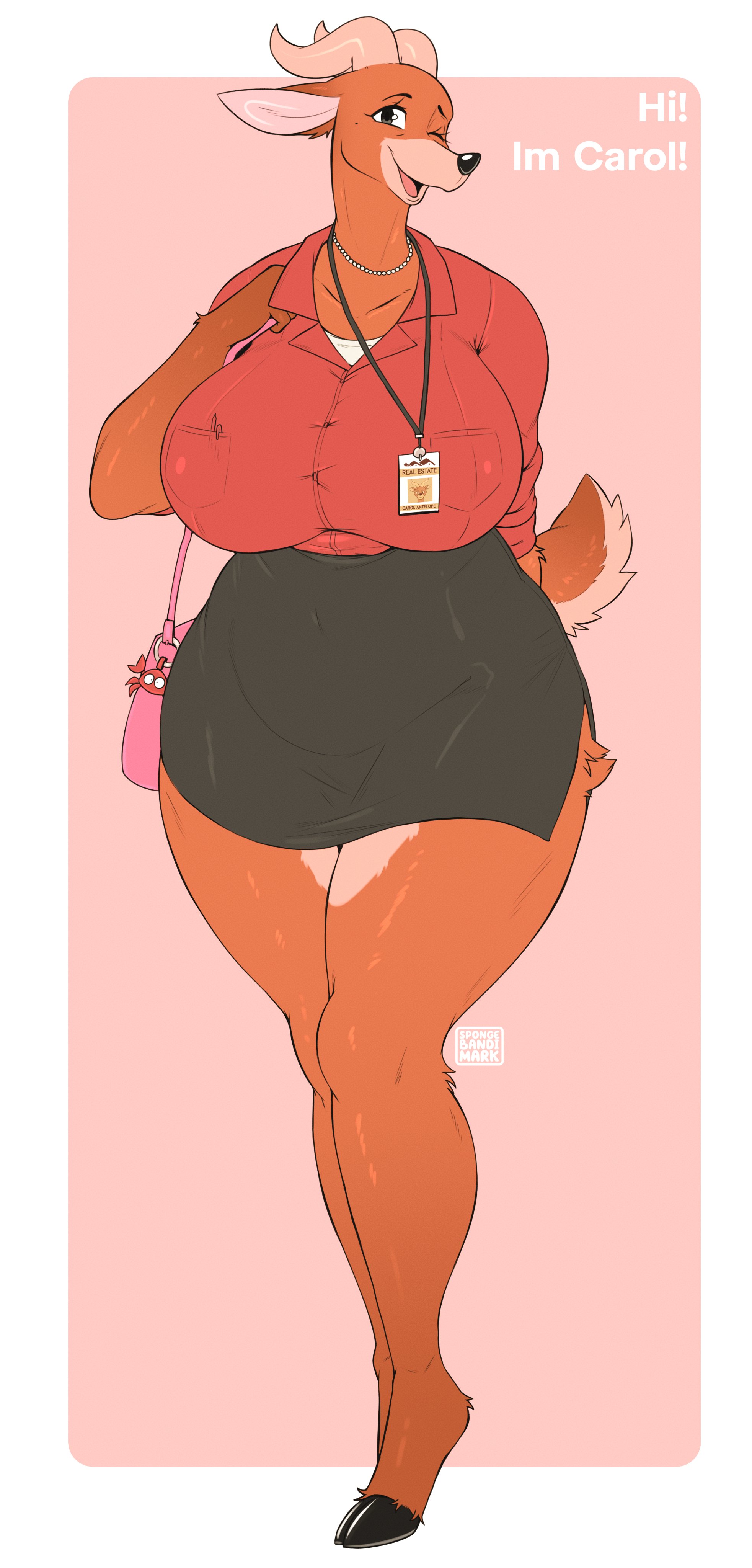absurd res, antelope, anthro, big breasts, biped, bottomwear, bovid, breasts, carol the antelope, clothed, clothing, eyebrows, female, front view, fur, hi res, huge breasts, huge hips, johnny bravo (series), looking at viewer, mammal, multicolored body, open mouth, pupils, simple background, skirt, smile, solo, spongebandimark, text, thick thighs, wide hips