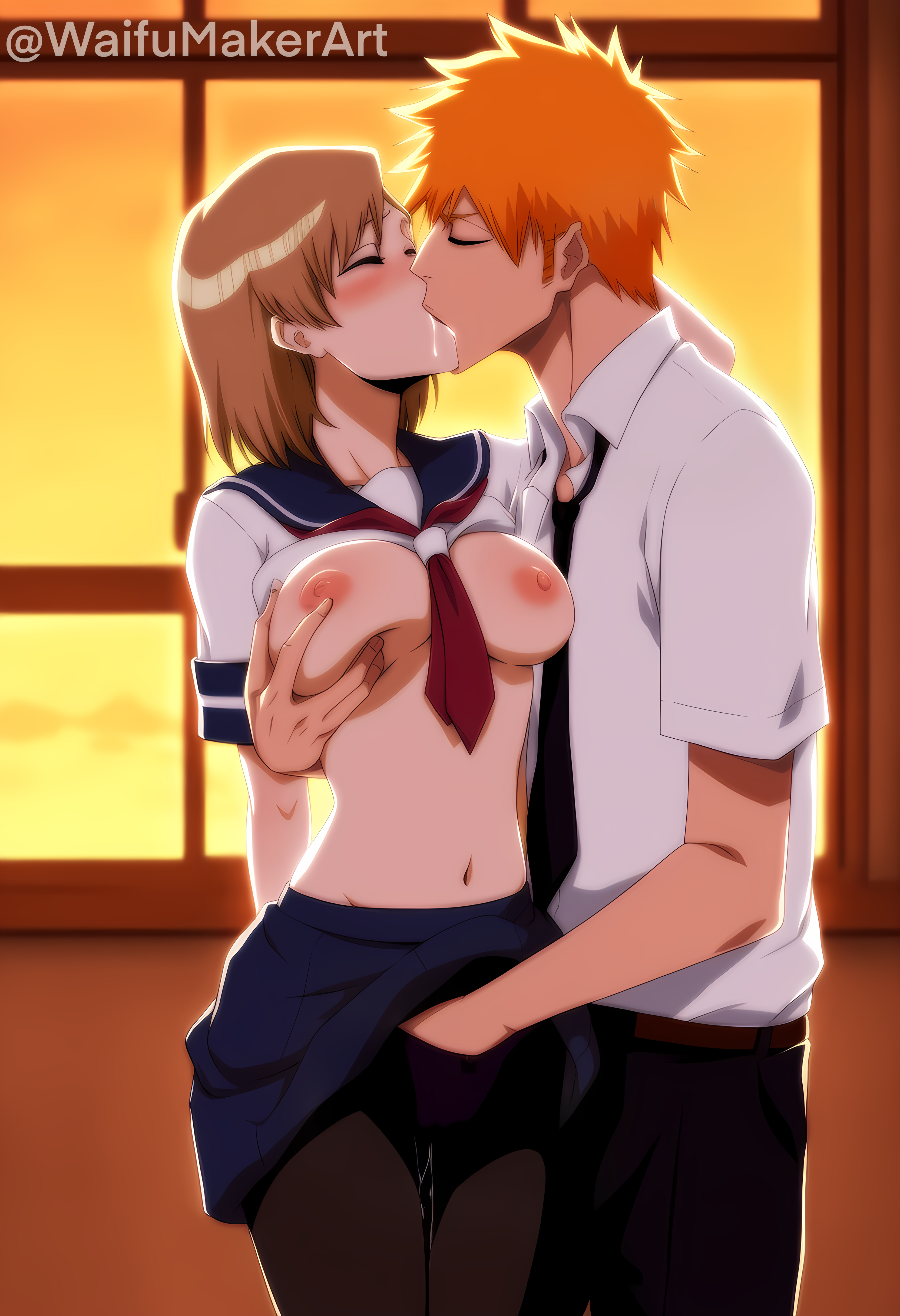 1boy, 1girls, ai generated, bedroom, big breasts, bleach, breast grab, breasts, breasts out, closed eyes, duo, dusk, female, fingering, fingering partner, hand in panties, hi res, high resolution, highres, ichigo kurosaki, incest, kissing, kurosaki yuzu, leggings, light skin, light-skinned female, light-skinned male, male, male/female, medium breasts, nipples, pierrot (company), pink nipples, pussy, pussy juice, pussy juice drip, school uniform, schoolgirl, shirt lift, siblings, sunset, waifumakerart, yuzu kurosaki