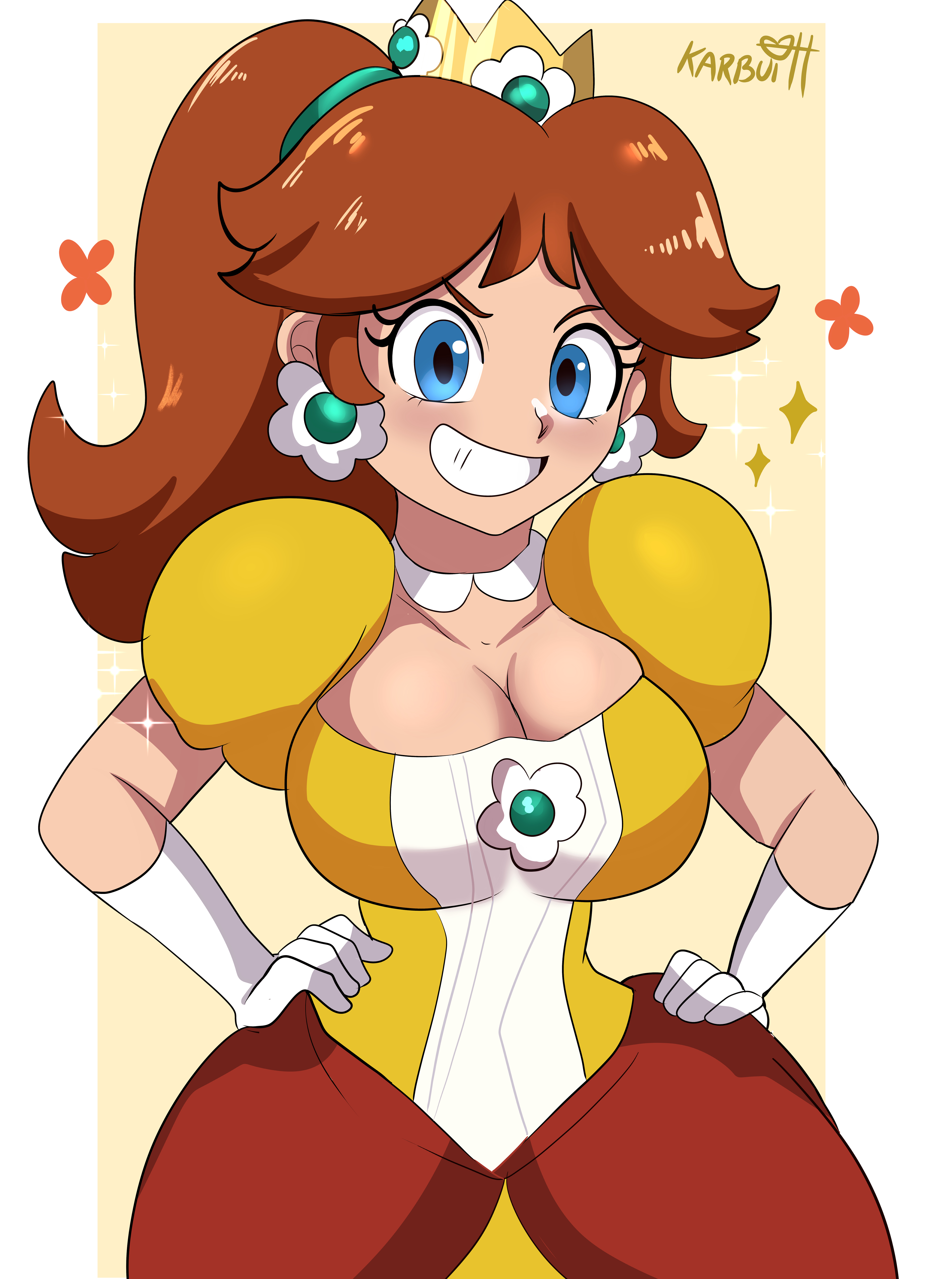 1girls, blue eyes, breasts, brown hair, cleavage, crown, dress, earrings, female, gloves, hands on hips, karbuitt, large breasts, looking at viewer, mario (series), ponytail, princess daisy, short hair, white gloves