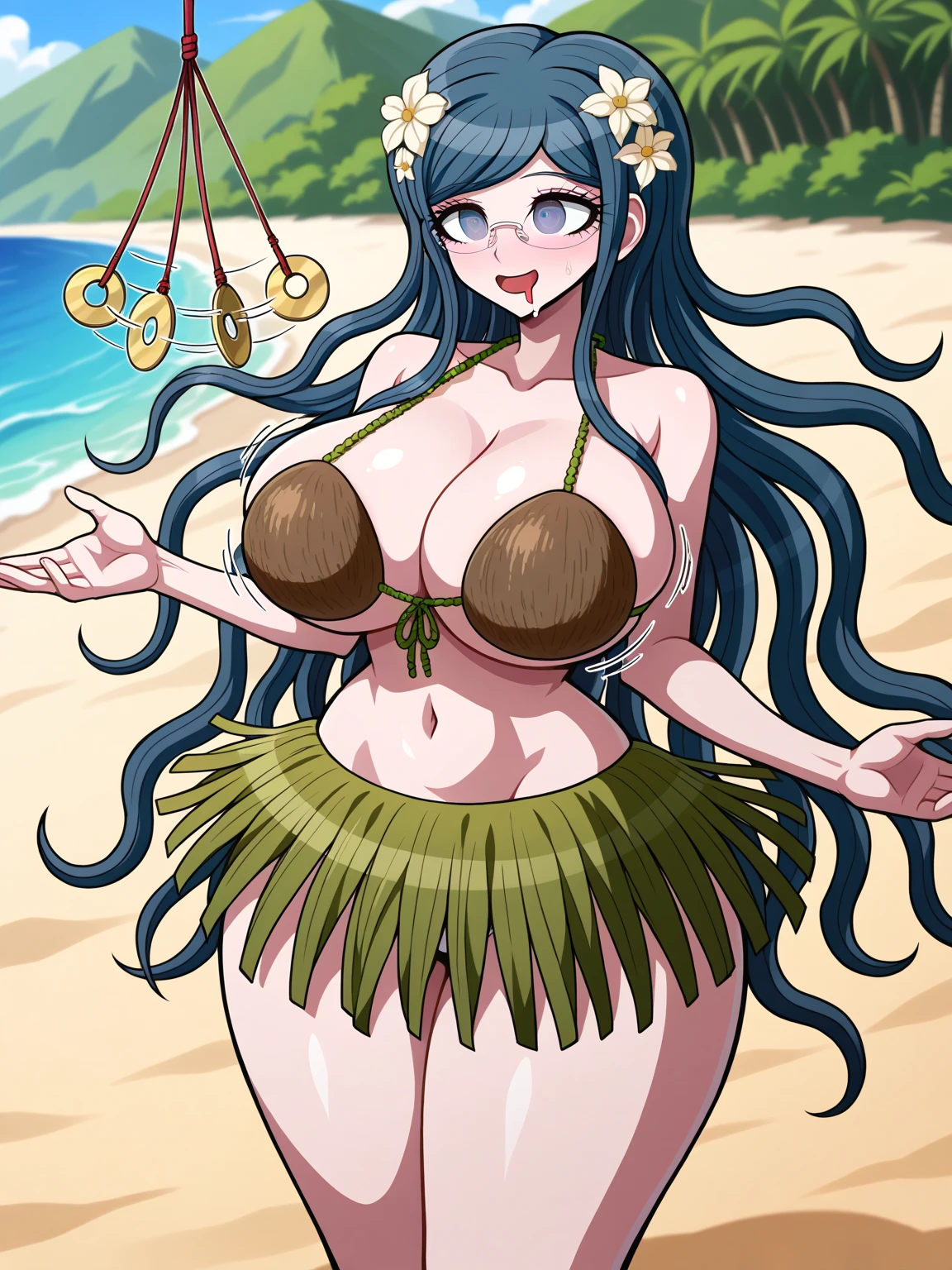 1girls, ai generated, beach, blue hair, blush, breasts, cleavage, coconut bra, danganronpa, danganronpa v3, drool, female only, femsub, flower in hair, glasses, grass skirt, huge breasts, hula skirt, hypnosis, midriff, mind control, navel, pendulum, seaart.ai, shirogane tsumugi, smile, solo
