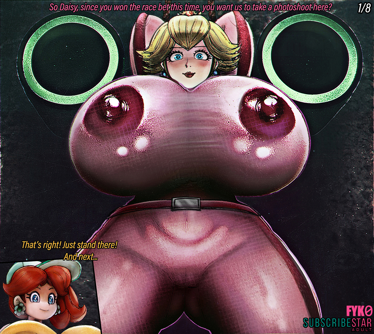 2girls, arms behind head, blonde hair, blue eyes, bondage, breasts, clothed, crown, duo, enormous breasts, female, female focus, female only, fyk0, gigantic breasts, huge breasts, human, human only, large breasts, light skin, light-skinned female, looking at viewer, mammal, mario (series), mario kart, massive breasts, mature, mature female, nintendo, nipples visible through clothing, princess, princess daisy, princess peach, princess peach (aero), royalty, smiling, smiling at viewer, text