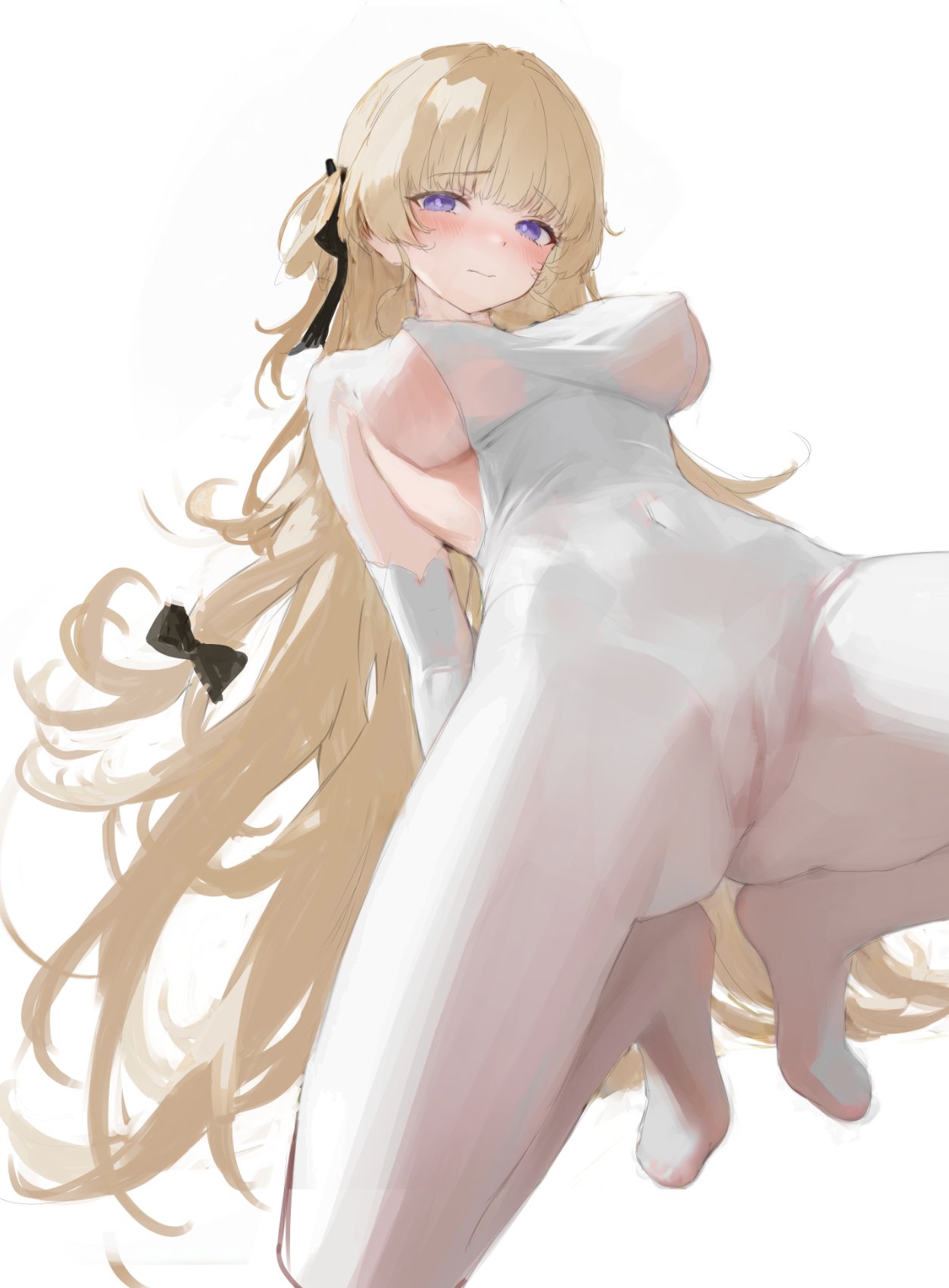 blonde_hair blush bow covered_navel elbow_gloves gloves hairbow haku89 highres long_hair looking_at_viewer phoebe_(wuthering_waves) purple_eyes sidelocks simple_background sleeveless squatting white_background white_gloves wuthering_waves