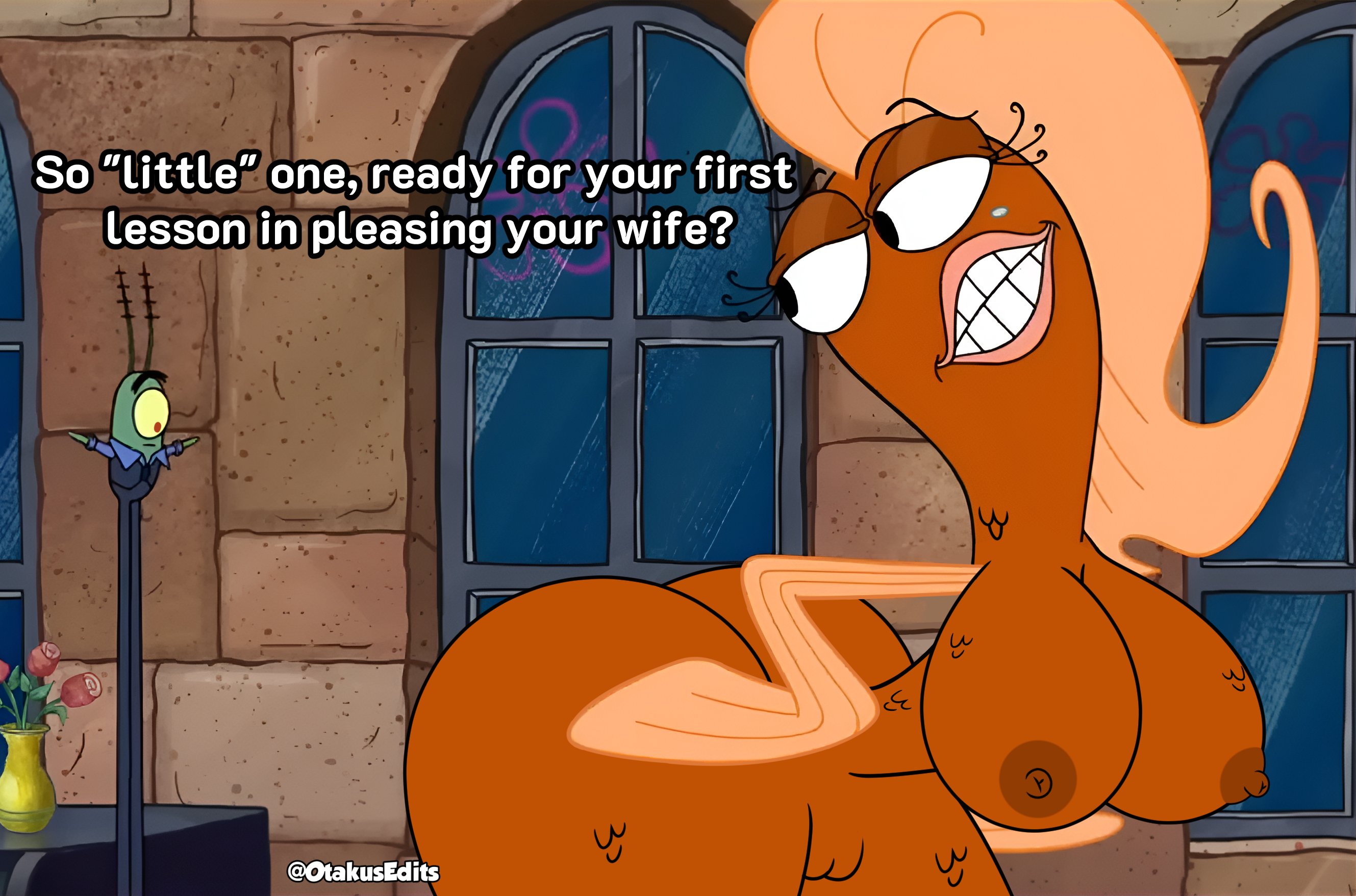 accurate art style, ass, breasts, breasts out, completely nude, female, fish girl, nickelodeon, nude, nude female, otakusedits, plankton, screenshot, screenshot edit, sheldon j. plankton, spongebob squarepants, suzie groove, text