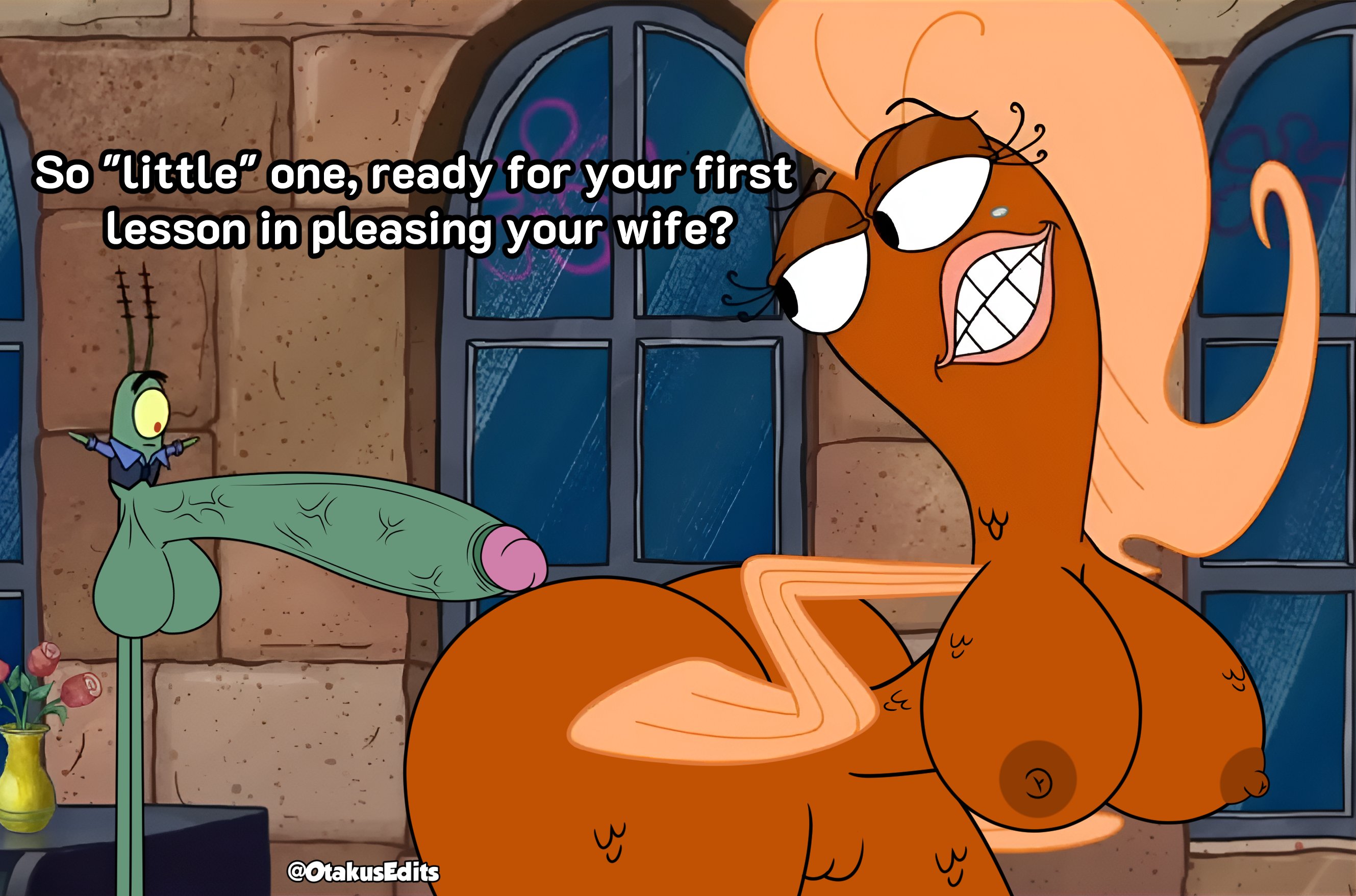 1boy, 1girls, accurate art style, ass, big penis, breasts, breasts out, completely nude, copepod, female, fish, fish girl, male, nickelodeon, nude, nude female, otakusedits, penis, penis out, plankton, screenshot, screenshot edit, sheldon j. plankton, small but hung, spongebob squarepants, suzie groove, text, veiny penis
