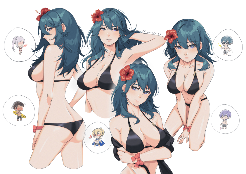 2girls 4boys aequorine armpits back bare_back bare_legs bikini black_bikini black_swimsuit blue_eyes byleth_(fire_emblem) byleth_(fire_emblem)_(female) byleth_(fire_emblem)_(male) claude_von_riegan dimitri_alexandre_blaiddyd dual_persona edelgard_von_hresvelg female female_focus female_only fire_emblem fire_emblem:_three_houses flower flower_in_hair hair_flower large_breasts looking_at_viewer looking_back multiple_poses nintendo pose post-timeskip smile solo_female solo_focus swimsuit teal_hair yuri_leclerc