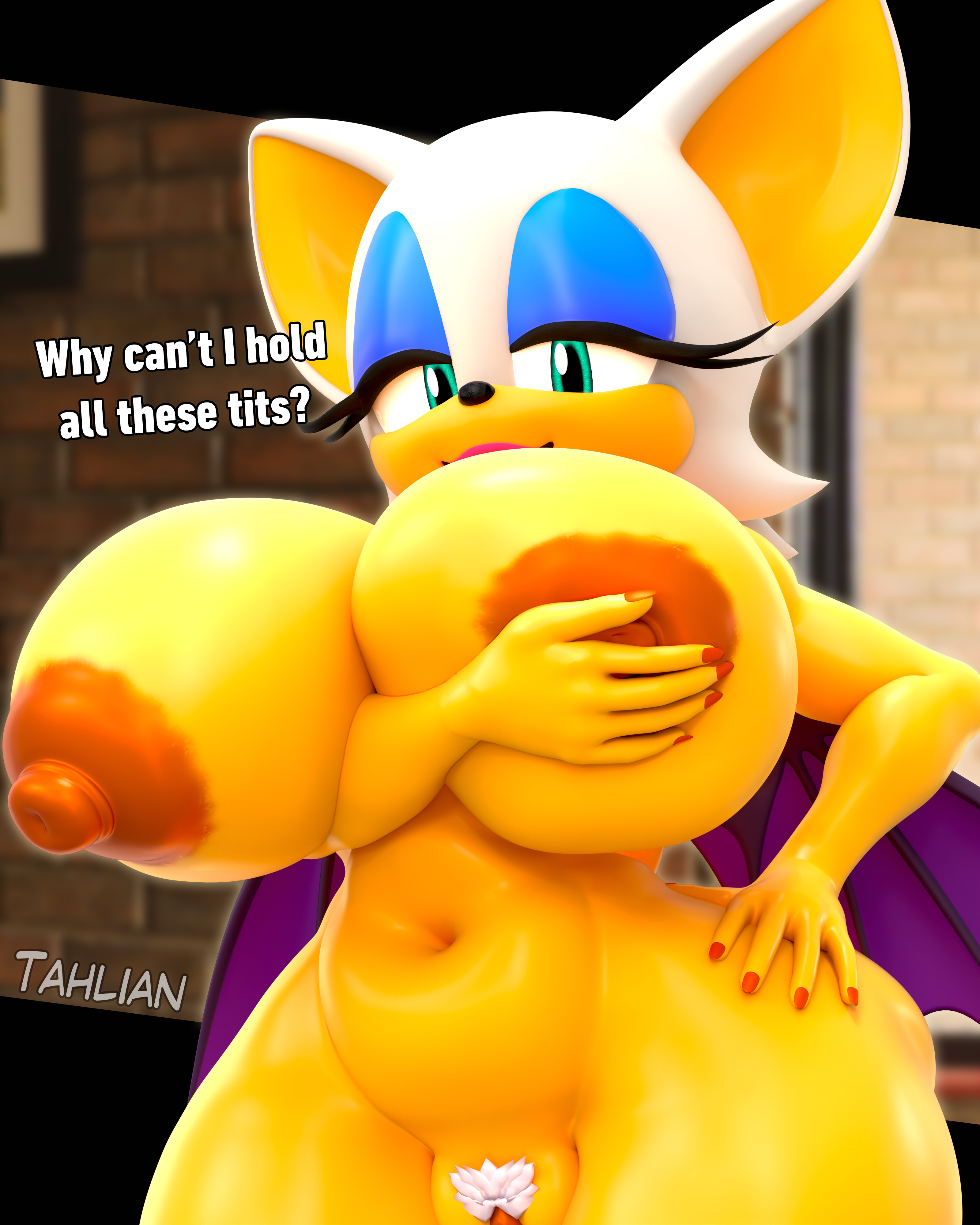 3d, 3d model, absurd res, anthro, bedroom eyes, big breasts, book, breast squish, breasts, cute fangs, dialogue, digital media (artwork), english text, fangs, female, hi res, holding own breast, huge breasts, kabalmystic, looking at viewer, mammal, membrane (anatomy), membranous wings, mobian, mobian (species), mobian bat, narrowed eyes, nude, rouge the bat, rouge the bat (kabalmystic), seductive, sega, solo, sonic (series), sonic adventure 2, sonic the hedgehog (series), squish, tahlian, teeth, text, wide hips, wings