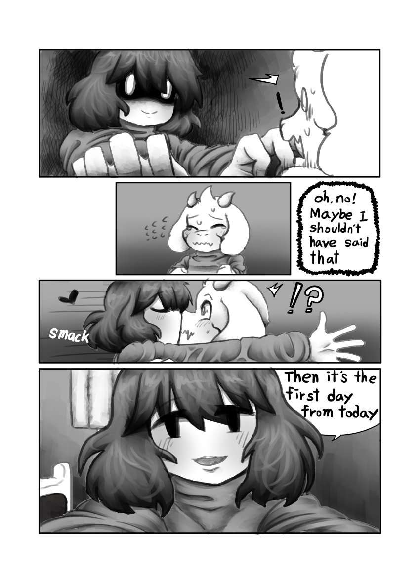 adoptive siblings, aged up, anthro, asriel dreemurr, bedroom, chara, comic, cute, female, female chara, fluffy hair, furry, furry male, goat, hearts around head, horns, human female, if happy, just became a couple, kissing, male, more chasriel, nervous, repost, romantic couple, rosy cheeks, scared, scary face, short hair, straight, surprised, surprised expression, sweatdrop, undertale, undertale (series), whitewo1f
