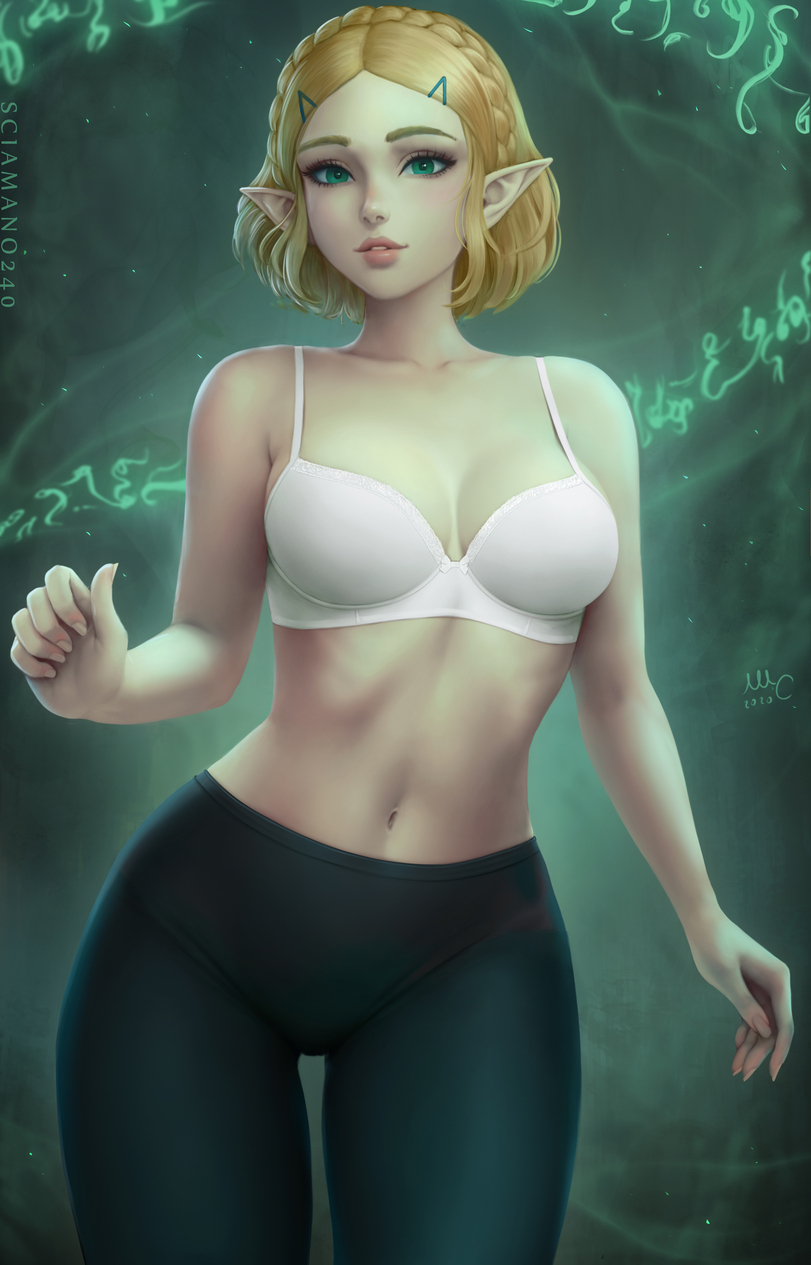 1girls, black leggings, black pants, blonde female, blonde hair, bob cut, bra, breasts, cute, drawn, female, green eyes, highres, large breasts, looking at viewer, mirco cabbia, narrow waist, princess zelda, sciamano240, short hair, slim waist, smiling, smiling at viewer, tears of the kingdom, the legend of zelda, thick thighs, topless, white bra, wide hips, zelda (tears of the kingdom)