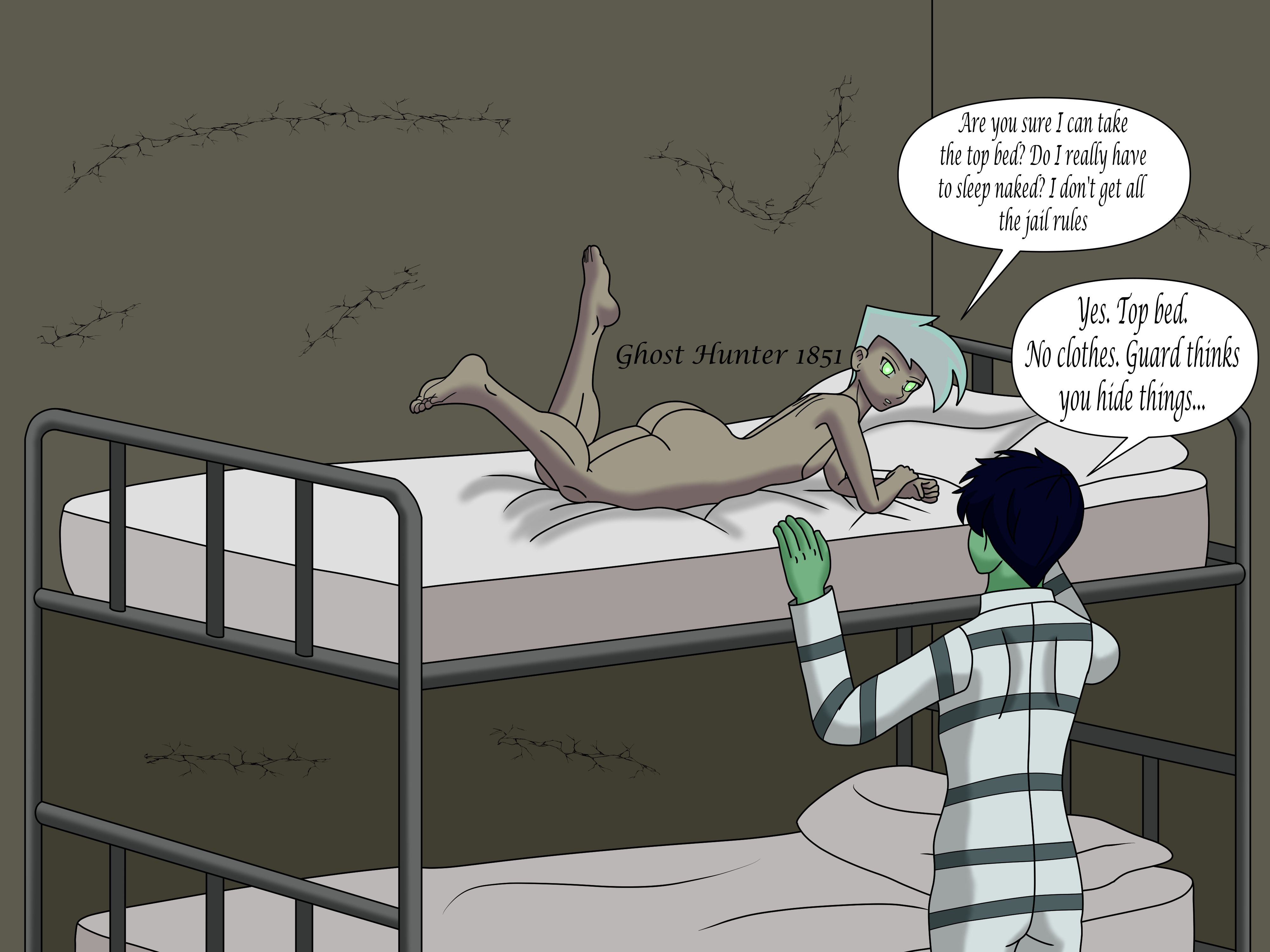 2boys, ass, bare ass, bare legs, bare shoulders, barefoot, bubble ass, bubble butt, bunk bed, danny fenton, danny phantom, dark skin, dark-skinned femboy, dark-skinned male, dark-skinned sissy, dark-skinned twink, femboy, ghosthunter1851(artist), green eyes, green skin, huge ass, looking at another, lying on bed, male, male only, nickelodeon, nude, nude male, nude male clothed male, otoko no ko, prison cell, prisoner, thick ass, white hair
