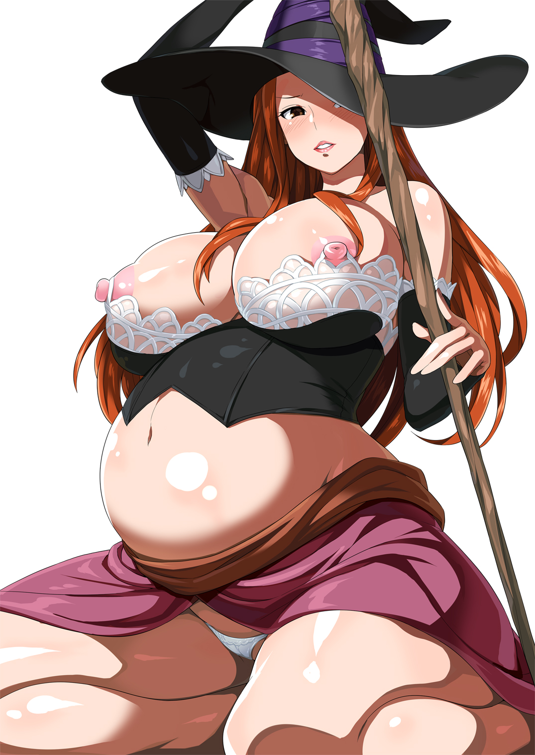 1girls, areola, blush, bra, breasts, bukkake, busty, cleavage, clothing, dragon's crown, female, gradient, gradient background, hat, hat over one eye, highres, kneeling, large breasts, long hair, looking at viewer, midriff, milf, monster, nipples, open clothes, open mouth, open skirt, panties, plump, pregnant, ready to pop, shin'ya (shin'yanchi), shiny, shiny skin, simple background, skirt, solo, sorceress (dragon's crown), staff, underwear, vanillaware, voluptuous, weapon, white panties, witch, witch hat
