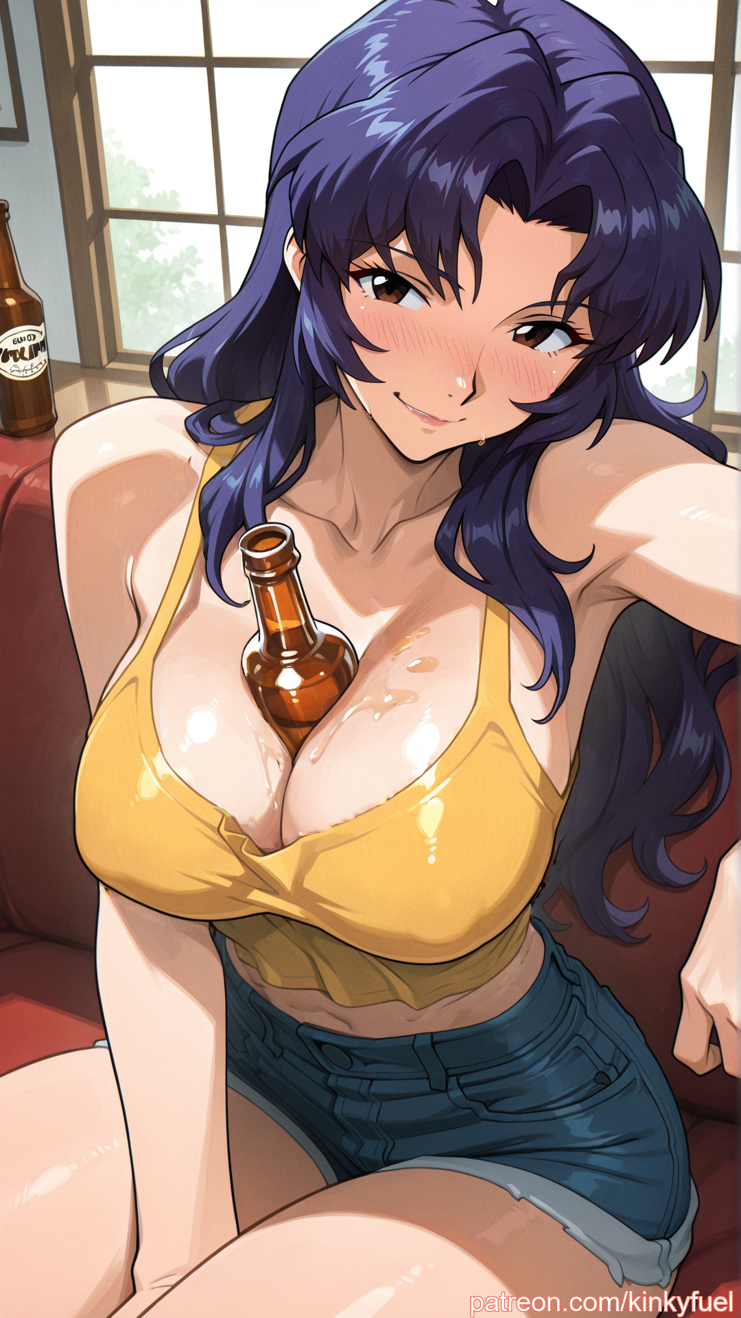ai generated, anime, beer bottle, blushing, bottle between breasts, breasts, cleavage, couch, daylight, denim shorts, drooling, female, flushed face, indoors, kinkyfuel, large breasts, misato katsuragi, neon genesis evangelion, seductive smile, short shorts, sitting, sleeveless shirt, solo, suggestive, sweat, tight clothes, underboob, wet, window, yellow shirt