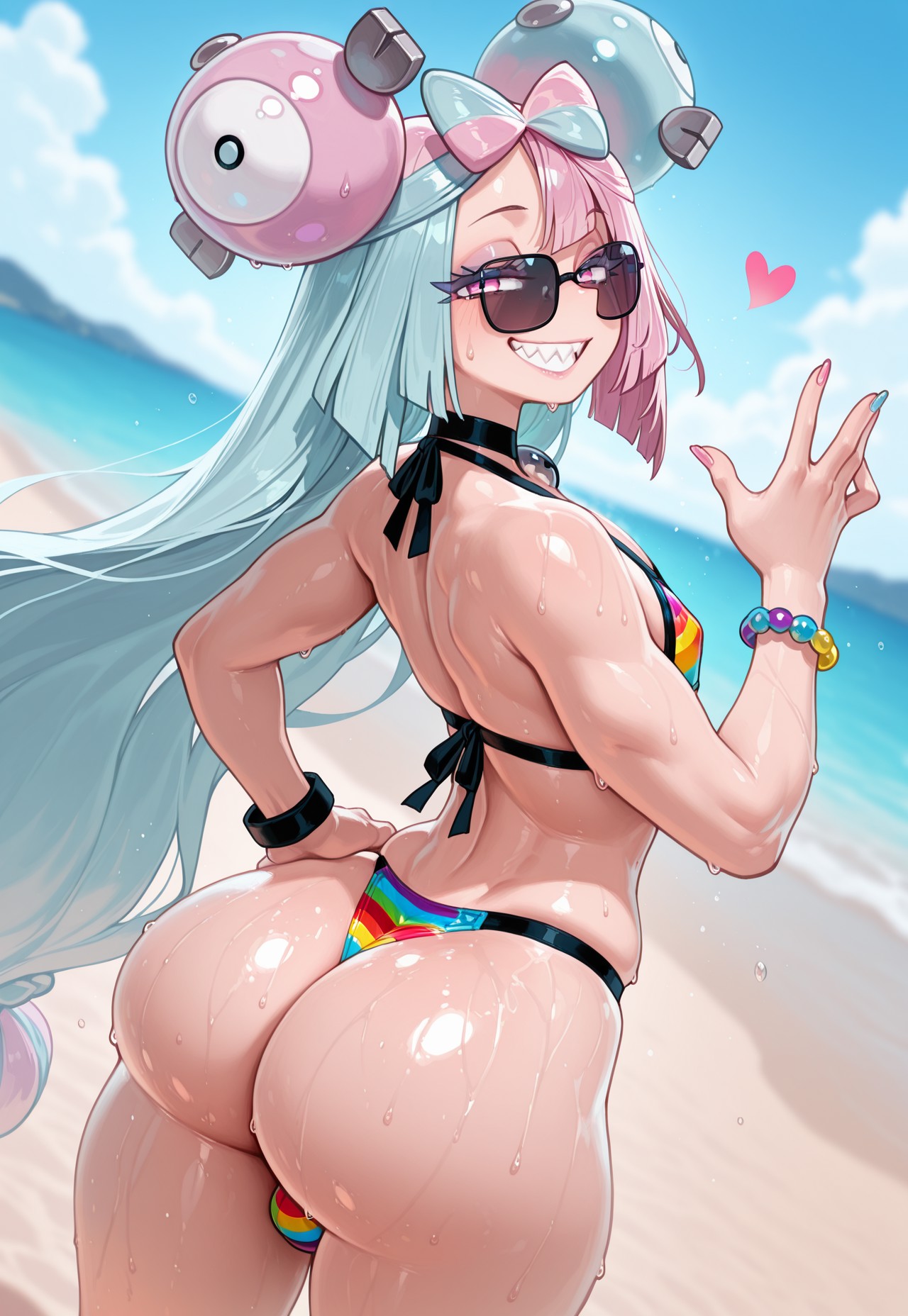 1boy, 1femboy, 2025, ai generated, areola, areola slip, ass, balls, beach, benero, big ass, bikini, bikini bottom, bikini top, crossdressing, femboy, femboy only, feminine male, genderswap (ftm), girly, hand on hip, hand on own hip, hourglass figure, iono (pokemon), looking at viewer, male, multicolored bikini, multicolored bikini bottom, multicolored bikini top, outdoors, outside, pokemon, rule 63, sharp teeth, shiny skin, smile, solo, standing, testicles, trap, two-tone hair, wet, wet body, wet skin, wide hips