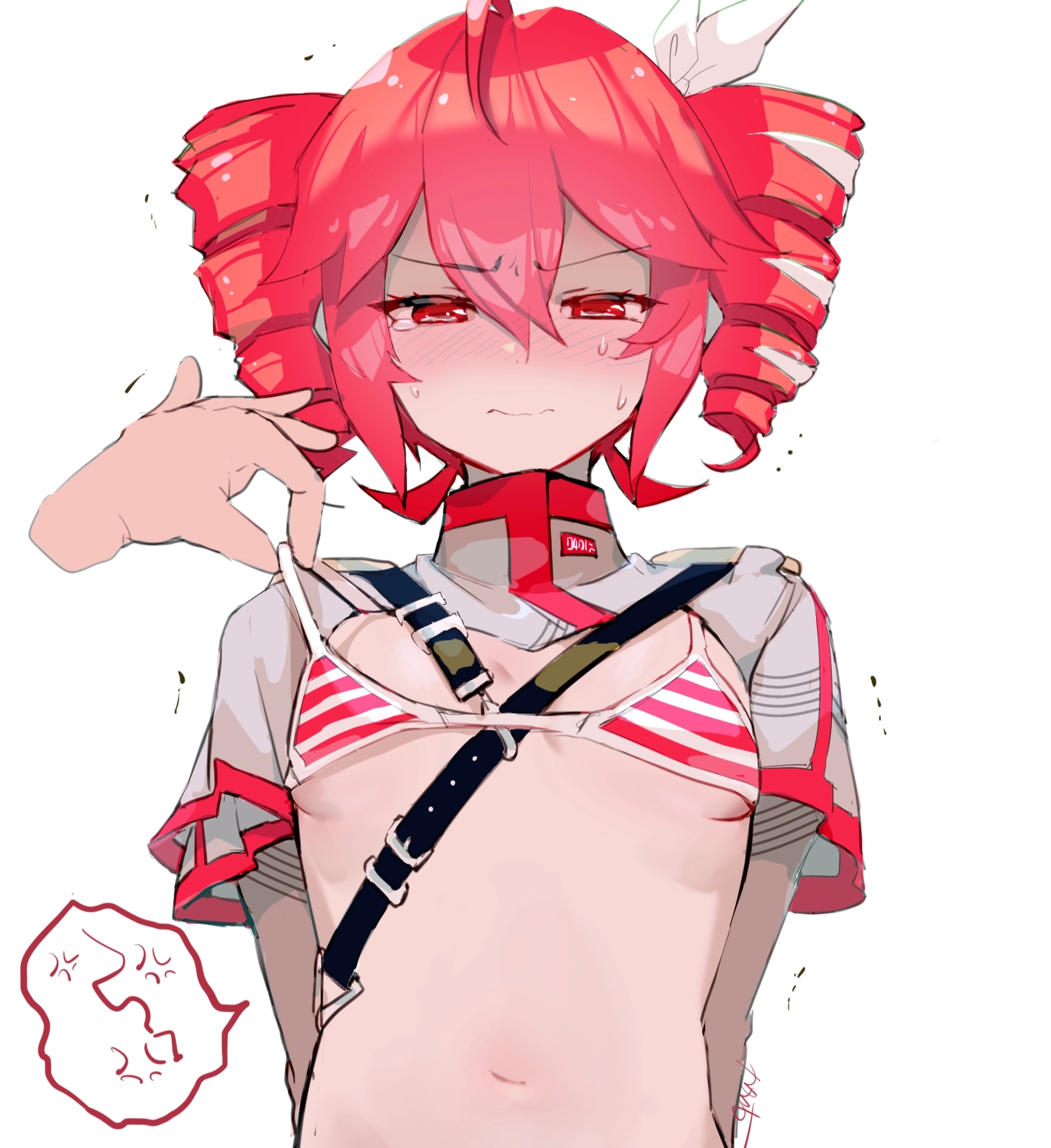 1girls, anger vein, angry, blush, female, flat chest, kasane teto, kasane teto (sv), red eyes, red hair, small breasts, synthesizer v, torino sasami, underwear