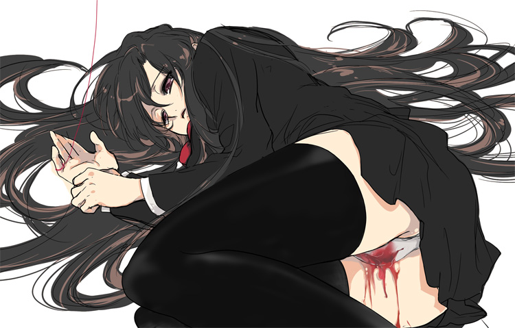 blood brown_hair clothing enma_ai female jigoku_shoujo katsura_kotonoha long_hair lying menophilia menstruation panties pantyshot pantyshot_(lying) period_blood red_string school_days school_uniform serafuku sex skirt string thighhighs underwear virgin yuriko_(kkk9) yuriko_(pixiv63067)