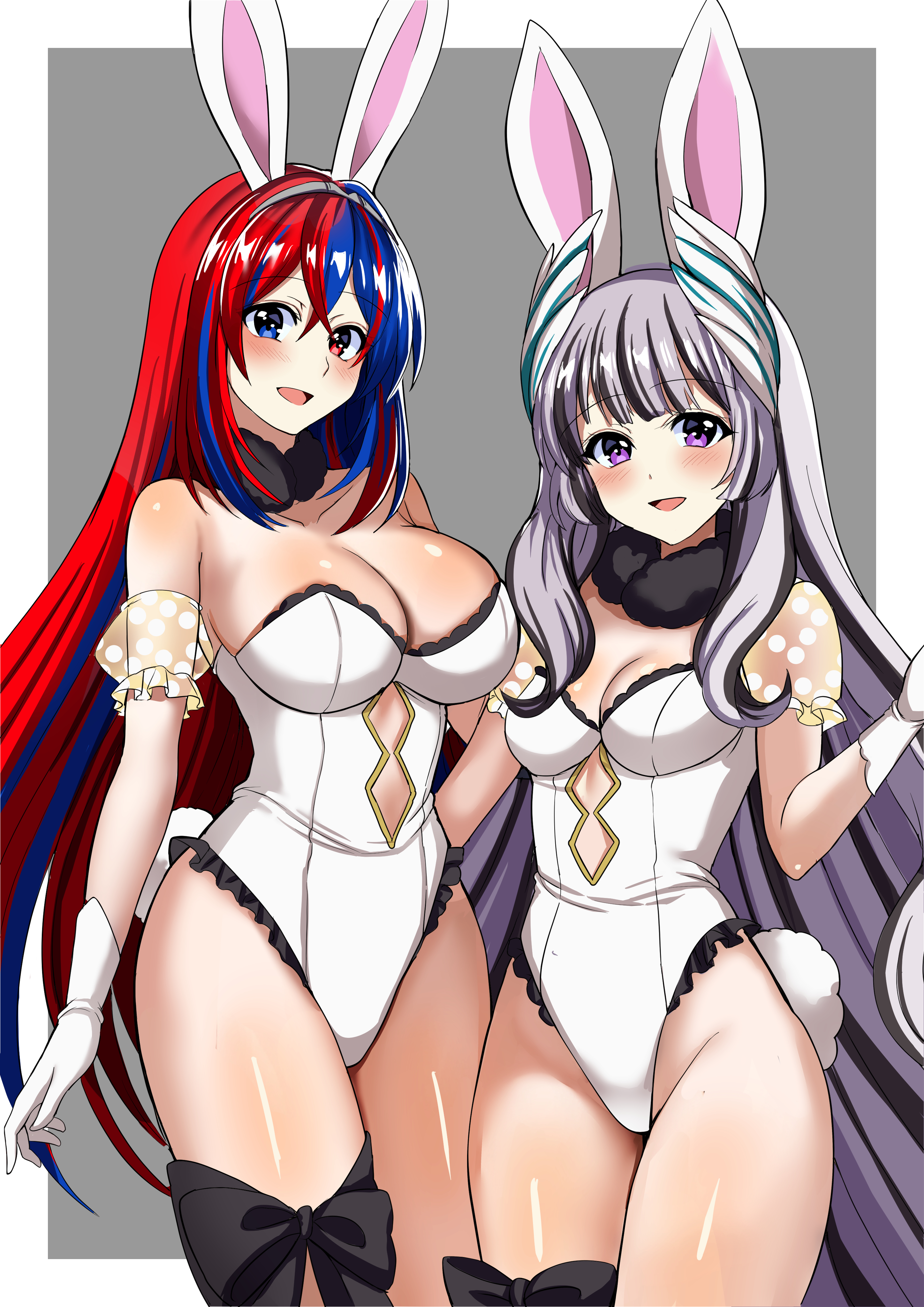 :d, 2girls, absurd res, alear (fire emblem), alear (fire emblem) (female), alluring, alternate costume, animal ears, big breasts, black hair, blunt bangs, breasts, cleavage, crossed bangs, fake animal ears, fake tail, female, female only, fire emblem, fire emblem engage, gloves, grey hair, hair between eyes, heterochromatic eyes, heterochromia, high res, intelligent systems, leotard, long hair, medium breasts, multicolored hair, multiple females, multiple girls, nintendo, open mouth, playboy bunny, purple eyes, rabbit ears, rabbit tail, red and blue hair, siblings, silf, silfs, sisters, small breasts, smile, strapless, strapless leotard, tail, tara (szzj7733), two-tone hair, very long hair, veyle (fire emblem), white gloves, white leotard