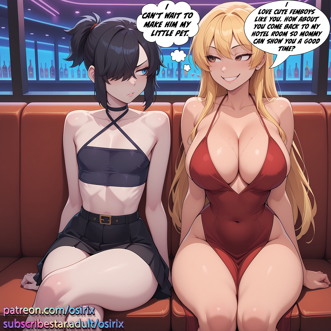 2025, ai generated, black hair, blake (osirix), blonde female, blonde hair, blonde-haired female, blue eyes, breasts, cleavage, color, colored, comic, comic page, female, femboy, hair over one eye, large breasts, male, oc, original, original character, original characters, osirix, pale skin, red dress, sarah (osirix), self upload, speech, speech bubble, speech bubbles, stable diffusion, text, text bubble, thought, thought bubble, thought bubbles, thoughts