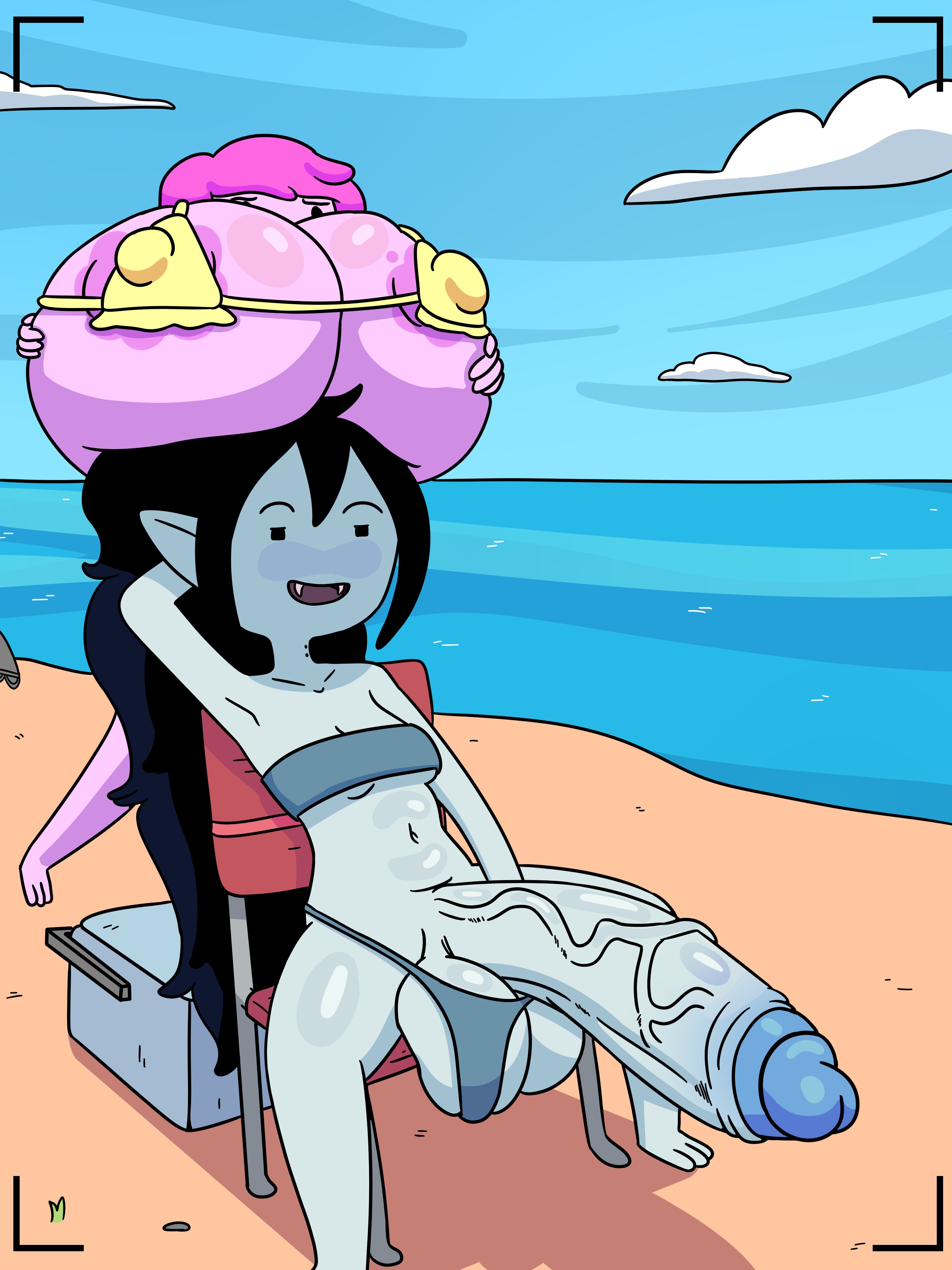 1futa, 1girls, 2d, 2d (artwork), adventure time, beach, bikini, breasts, colored skin, erect nipples, erect nipples under clothes, female, futanari, huge breasts, huge cock, humanoid, humanoid penis, intersex, long hair, marceline, nipples, nirbeaverlord, nirstormlord, outdoor nudity, outdoors, penis, princess bubblegum, tubetop