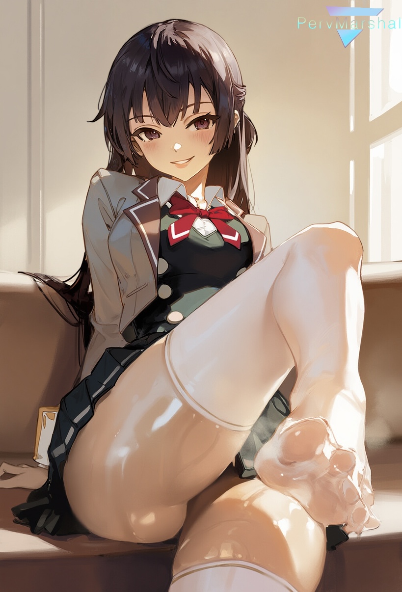 1girls, ai generated, black hair, female, female only, foot fetish, marshalperv, pervmarshal, school uniform, shiny skin, sitting, solo female, steam, suou yuki, thighhighs, tokidoki bosotto russian de dereru tonari no alya-san