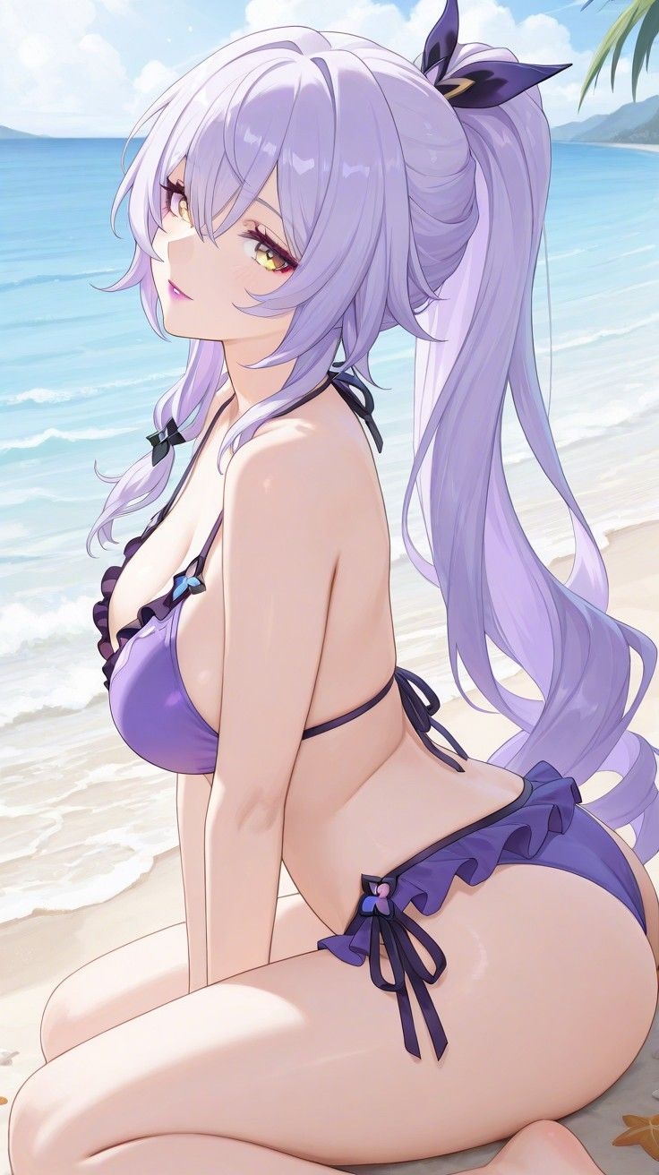 1girls, ai generated, alternate hairstyle, arm support, ass, bangs, bare legs, bare shoulders, bare thighs, beach, bikini, bikini bottom, bikini top, black swan (honkai: star rail), breasts, cleavage, commentary request, eyelashes, female, female focus, female only, frilled bikini, frills, gold eyes, hair, hair between eyes, hair ornament, hair over shoulder, hair ribbon, head tilt, high ponytail, honkai (series), honkai: star rail, hoyoverse, kneeling, lavender hair, lia the busty redhead, lipstick, long bangs, long eyelashes, long hair, looking at viewer, makeup, mature, mature female, mature woman, midriff, ocean, outdoors, outside, ponytail, pose, posing, purple bikini, purple clothing, purple hair, ribbon, ribbons, sand, seductive, seductive look, seductive pose, self upload, solo, solo female, solo focus, starfish, suggestive, suggestive look, suggestive pose, tagme, thighs, tied hair, woman