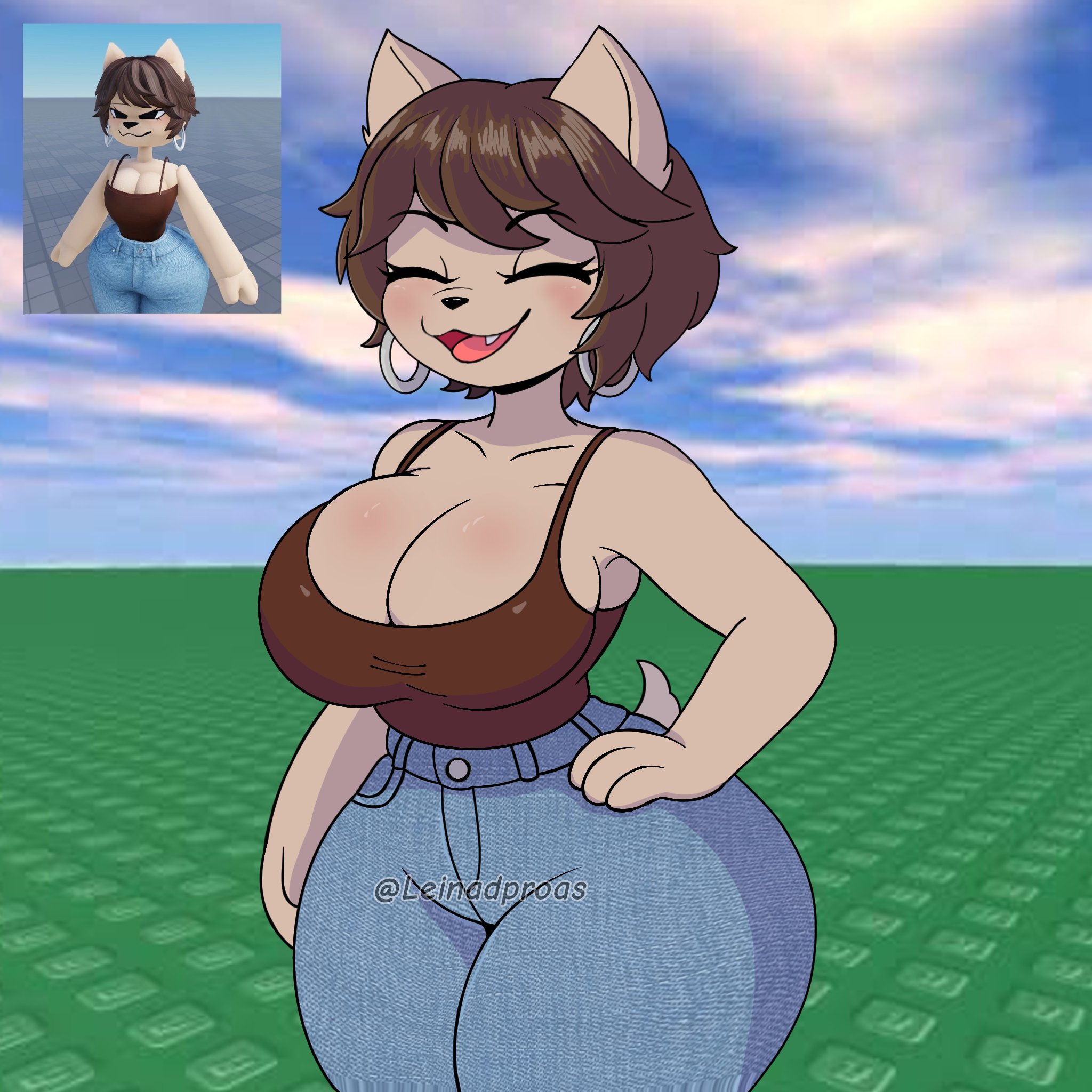1girls, 2025, 3d background, animal ears, animal tail, ass, baseplate, big ass, big breasts, big butt, big thighs, big titties, breasts, brown hair, cleavage, closed eyes, clothed, clothing, curvaceous, curvaceous female, curvaceous figure, curvy, curvy figure, curvy hips, female, female focus, female only, front view, furry, furry female, furry only, leinadproas, looking at viewer, open mouth, original character, reference image, roblox, roblox avatar, roblox background, robloxian, short hair, smiling, thick thighs, thighs, voluptuous, watermark