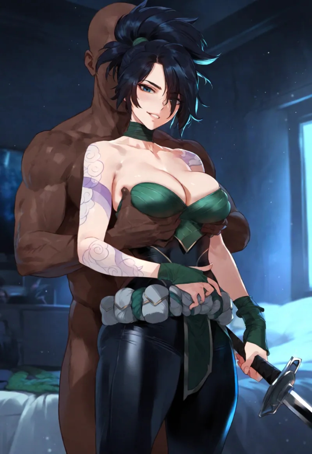 1boy, 1girls, ai generated, akali, cock hungry, dark skin, dark-skinned male, female, interracial, league of legends, light skin, light-skinned female, male, male/female, naked, pale skin, pale-skinned female, penis, samsara ai, sluts