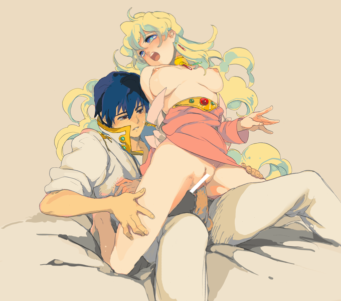 bed blue_eyes blue_hair breasts censored cowgirl_position dress_down dress_pull face kneeling long_hair multicolored_hair nia_teppelin no_panties penis reverse_cowgirl_position sex simon_(tengen_toppa_gurren_lagann) straddle tengen_toppa_gurren-lagann tengen_toppa_gurren_lagann two_tone_hair unzipped vaginal_penetration yuriko_(kkk9) yuriko_(pixiv63067)