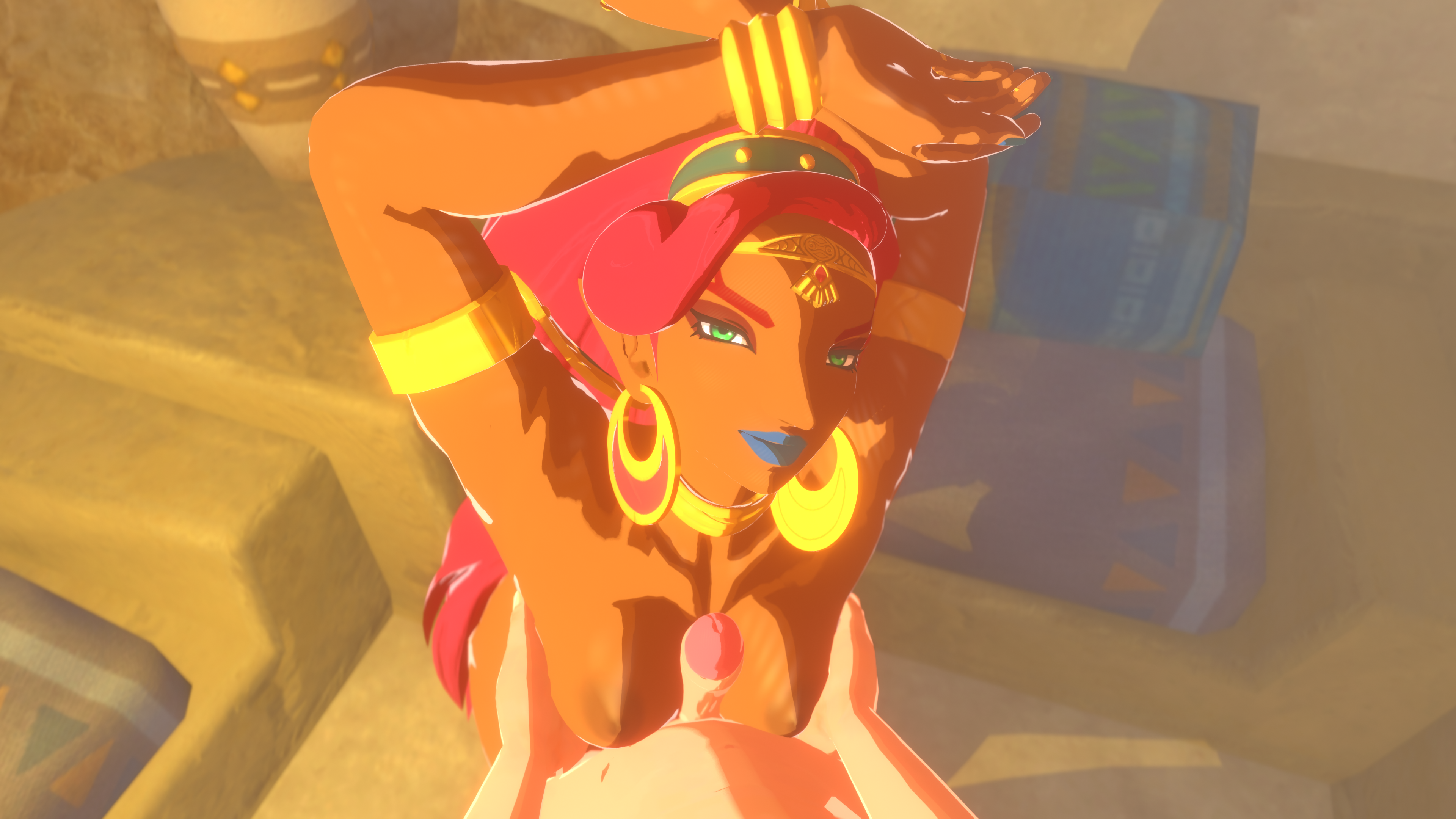 1boy, 1girls, 3d, blue lipstick, breasts, breath of the wild, dark areola, dark skin, dark-skinned female, female, gerudo, hands up, jewelry, lipstick, looking at viewer, male, medium breasts, nintendo, nodusfm, partial male, red hair, the legend of zelda, titjob, urbosa