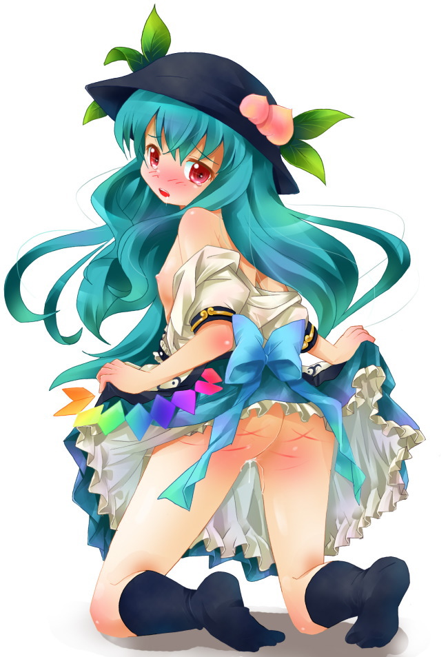 1girls aqua_hair ass female flat_chest food fruit hat long_hair michii_yuuki nipples nude peach_(fruit) red_eyes socks solo tears tenshi_hinanawi touhou whip_marks