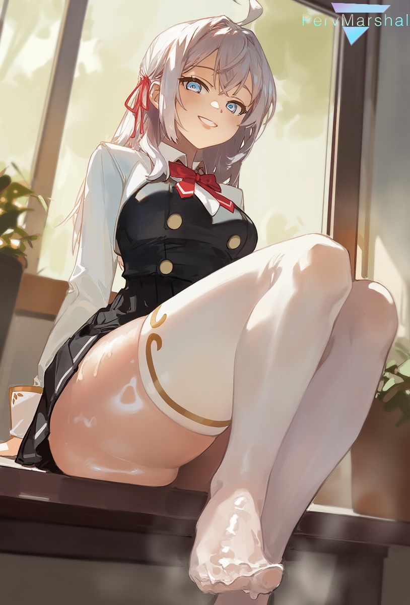 1girls, ai generated, alisa mikhailovna kujou, female, female only, foot fetish, marshalperv, pervmarshal, school uniform, shiny skin, sitting, sliver hair, smile, solo female, steam, thighhighs, tokidoki bosotto russian de dereru tonari no alya-san