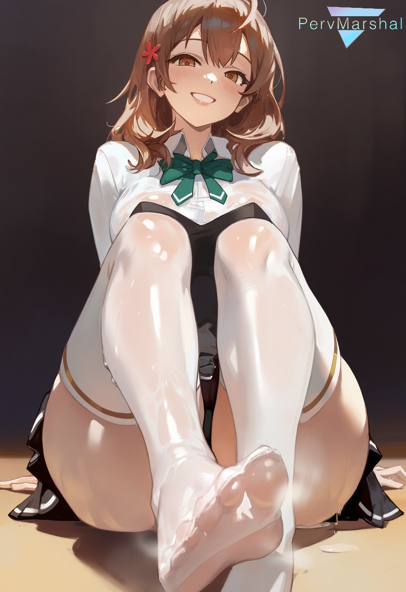 1girls, ai generated, brown hair, female, female only, foot fetish, maria mikhailovna kujou, marshalperv, pervmarshal, school uniform, shiny skin, sitting, smile, solo female, steam, thighhighs, tokidoki bosotto russian de dereru tonari no alya-san