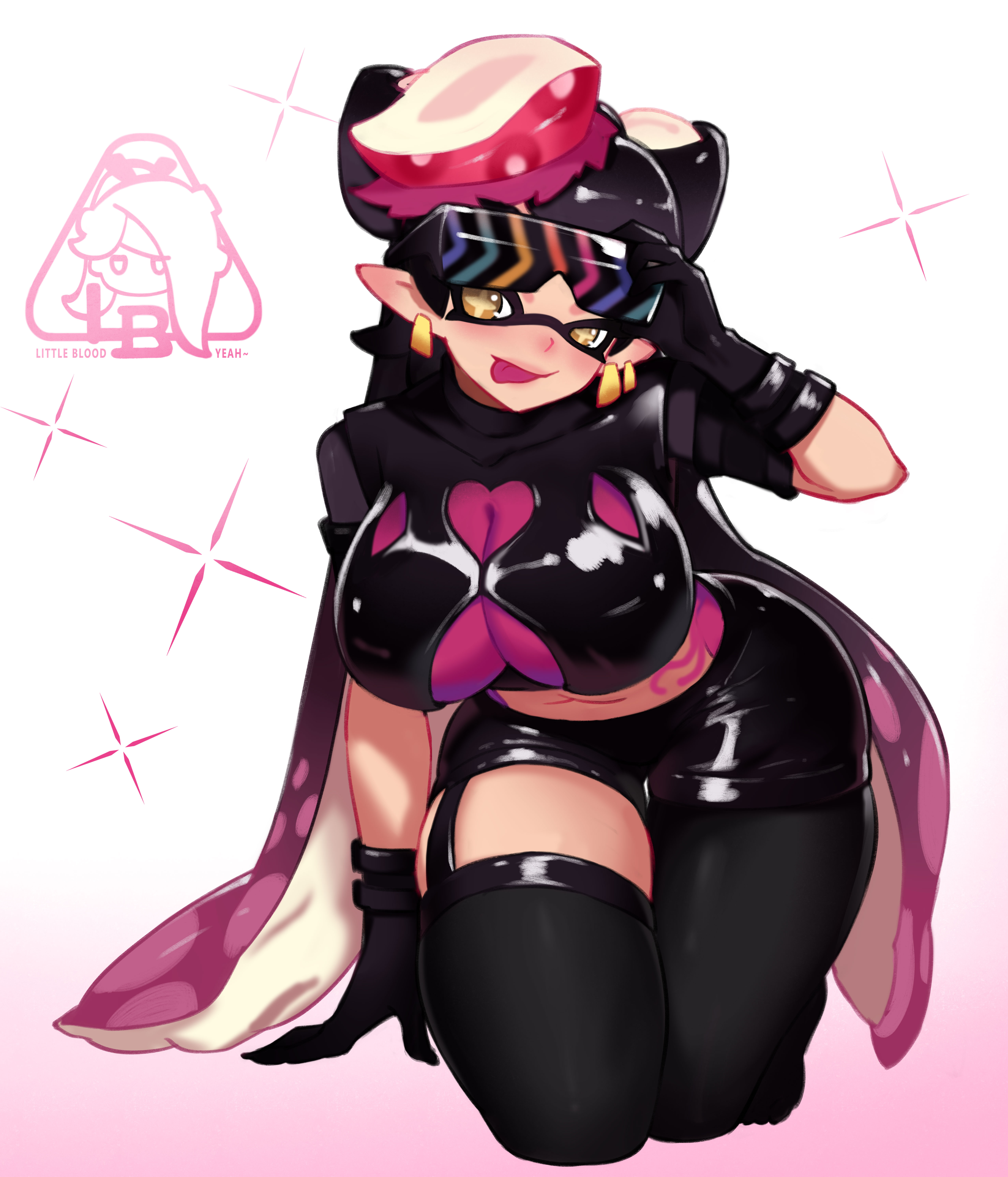1girls, big breasts, black gloves, black shorts, breasts, callie (splatoon), earrings, female, garter straps, gloves, huge breasts, hypno shades (splatoon), large breasts, latex, little blood, long hair, looking at viewer, navel, nintendo, octarian tattoo, octo callie, shades, shorts, solo female, splatoon, splatoon (series), splatoon 2, splatoon 2: octo canyon, squid sisters, tattoo, tentacle hair, thick thighs, thighhighs, thighs, tinted eyewear, tongue, tongue out, yellow eyes