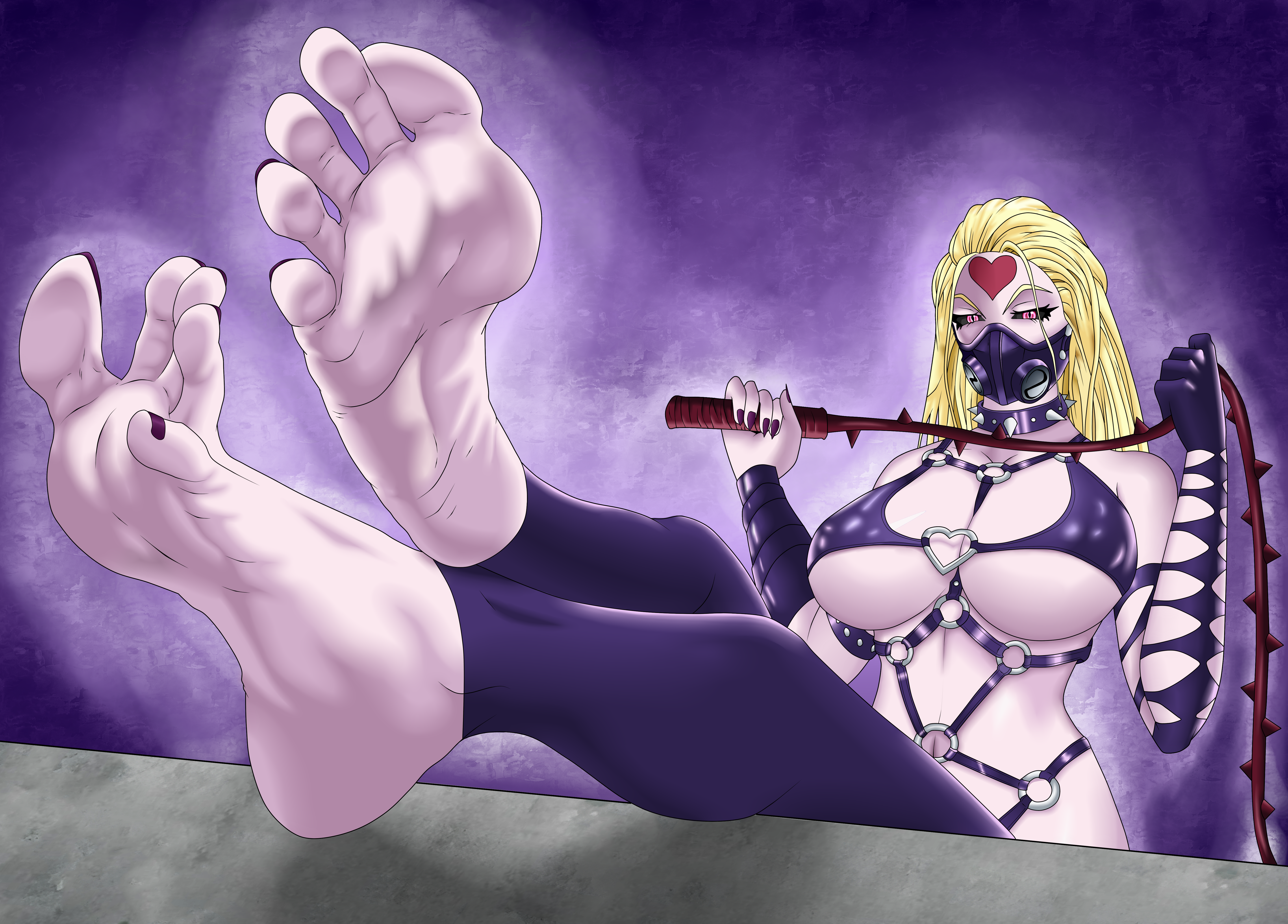 1girls, barefoot, bdsm gear, bdsm outfit, big breasts, black eyes, blonde hair, bondage, breasts, feet, feet crossed, female, femdom, heart, holding whip, horny, horny female, kaijin hime do-s, legs, legs crossed, mask, mommy, mommy kink, monster, monster girl, one-punch man, pickyfitter, pink eyes, pointy fingernails, purple background, purple boots, purple fingernails, purple outfit, purple skin, sharp fingernails, whip