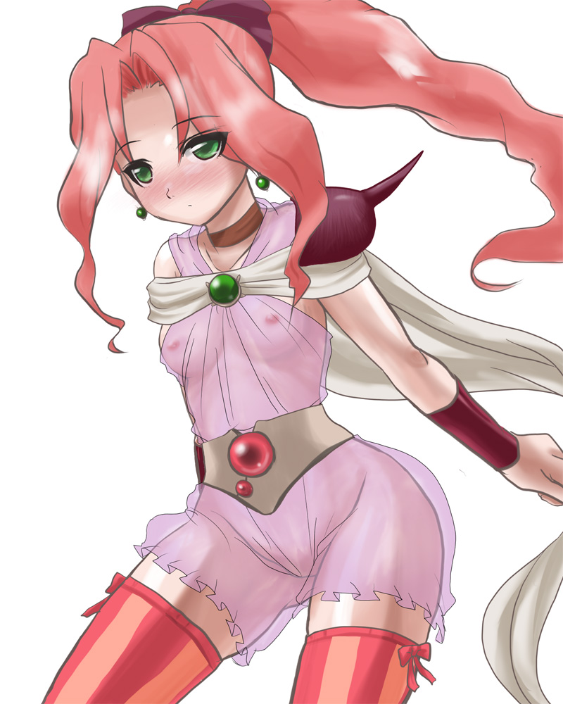 1girls blush breasts cape earrings fast-r female female_only final_fantasy final_fantasy_iv final_fantasy_iv_the_after green_eyes human jewelry long_hair nipples pink_hair ponytail porom pussy see-through solo thighhighs tied_hair