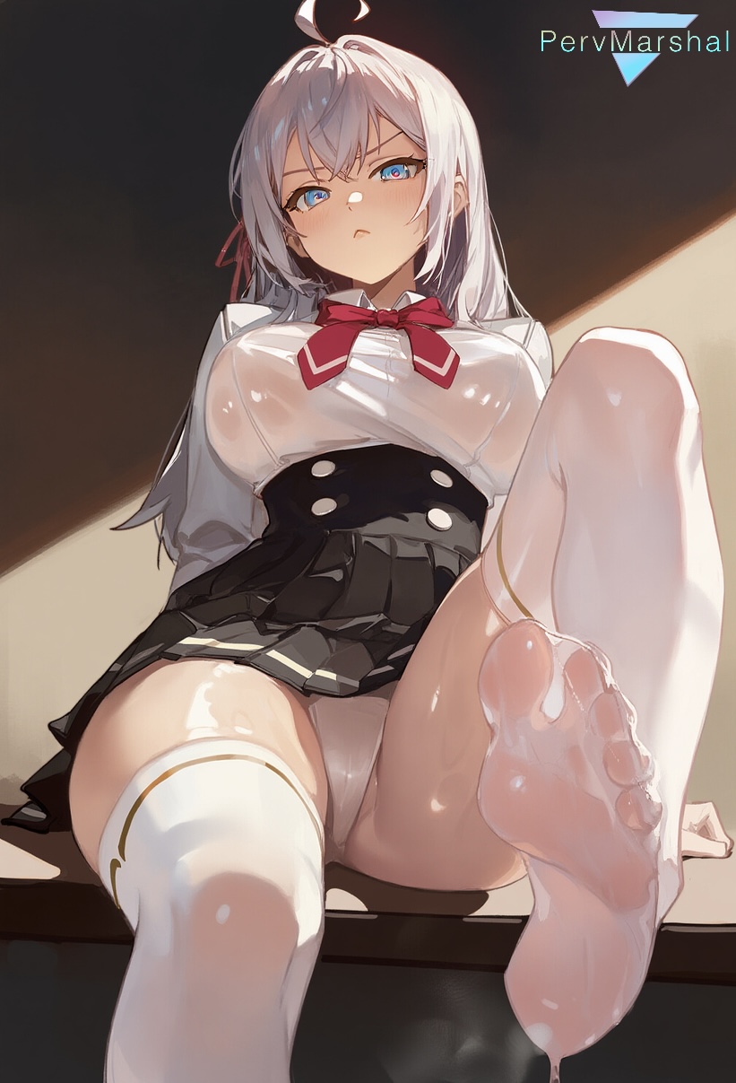 :<, 1girls, ai generated, alisa mikhailovna kujou, female, female only, foot fetish, marshalperv, pervmarshal, school uniform, shiny skin, sitting, sliver hair, solo female, steam, thighhighs, tokidoki bosotto russian de dereru tonari no alya-san, white panties