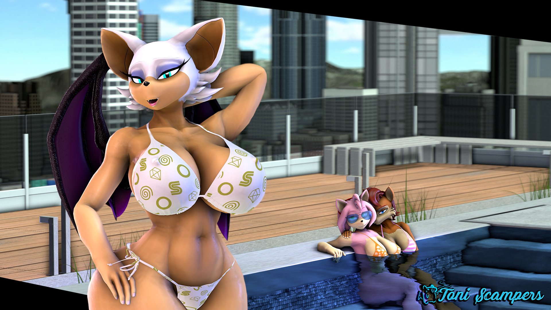 16:9, 2023, 3d, 3d model, amy rose, amy rose (warfaremchine), anthro, archie comics, bat, bat wings, bikini, black bars, blue eyeshadow, breasts, chipmunk, city, city background, cityscape, clothed, clothing, digital media (artwork), english text, eulipotyphlan, eyeshadow, female, female/female, ground squirrel, group, hedgehog, hi res, looking at viewer, makeup, mammal, membrane (anatomy), membranous wings, mobian, mobian (species), mobian bat, open mouth, pose, poster, reference image, rockstar games, rodent, rouge the bat, rouge the bat (warfaremchine), sally acorn, sally acorn (warfaremchine), sciurid, sega, sonic (series), sonic adventure 2, sonic the hedgehog (archie), sonic the hedgehog (comics), sonic the hedgehog (series), source filmmaker (artwork), squirrel, swimming pool, swimwear, text, thick thighs, toni scampers, trio, warfare machine, warfare rouge, watermark, widescreen, wings