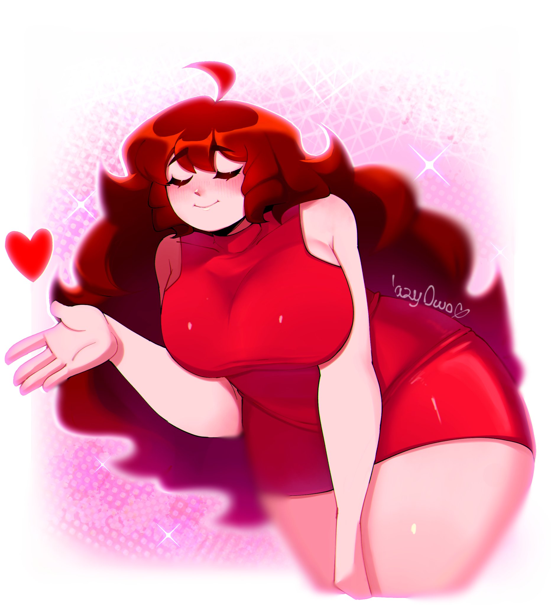 <3, 2d (artwork), auburn hair, digital drawing (artwork), eyes closed, female, friday night funkin, girlfriend (friday night funkin), jazyowo, red dress, sfw, voluptuous, voluptuous female