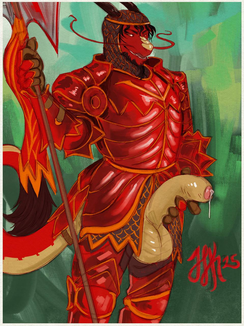 2025 anthro armor balls beard biped bodily_fluids digital_drawing_(artwork) digital_media_(artwork) dragon facial_hair genital_fluids genitals glans hair hi_res horn humanoid_genitalia humanoid_penis hyprknetc looking_at_viewer male mythological_creature mythological_scalie mythology penis precum scalie solo standing tail whiskers