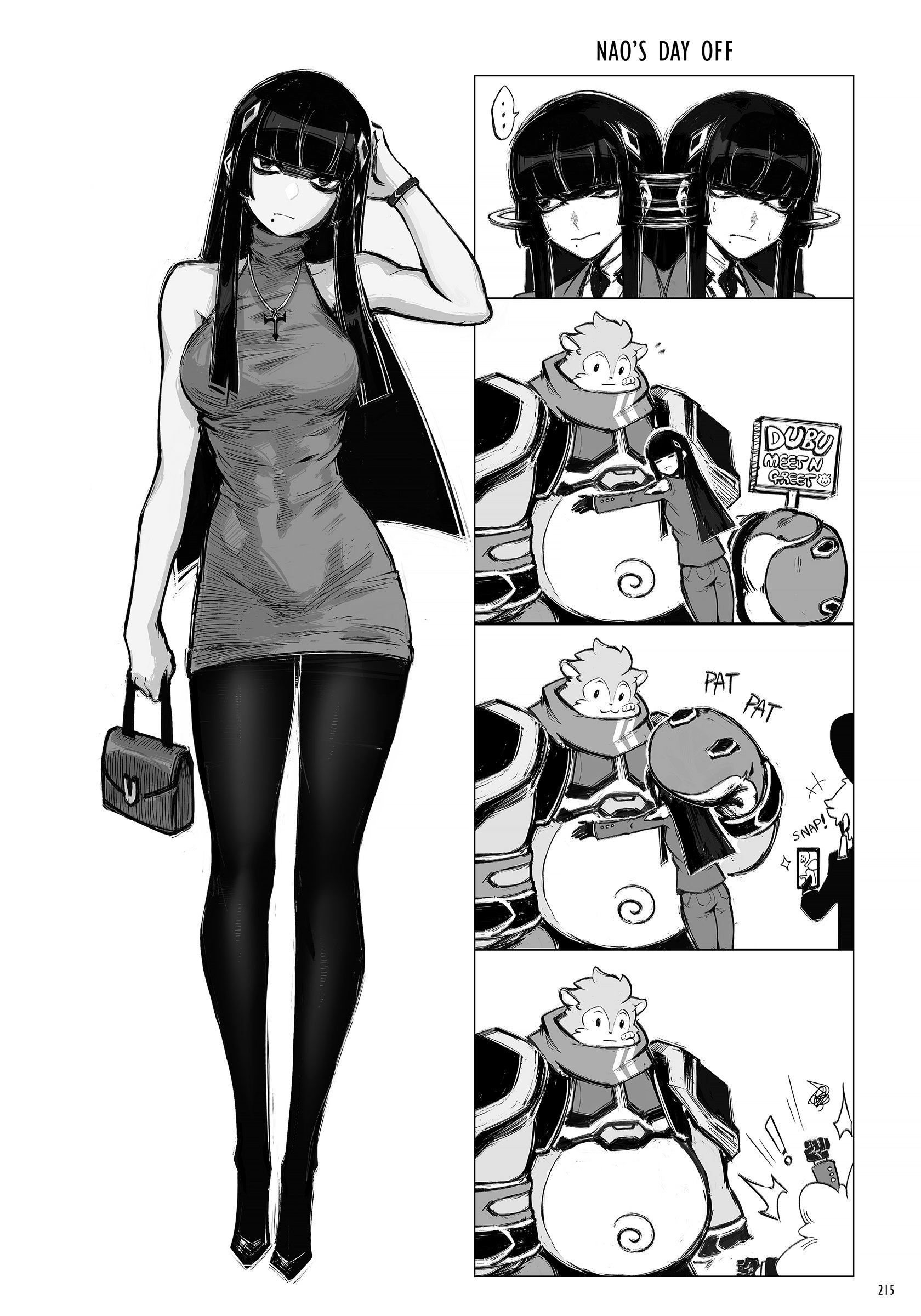 abs, black and white, black legwear, comic, dubu (omega strikers), female, funny, hugging, liyart, long legs, nao (omega strikers), official art, omega strikers, sketch, sleeveless dress, tagme